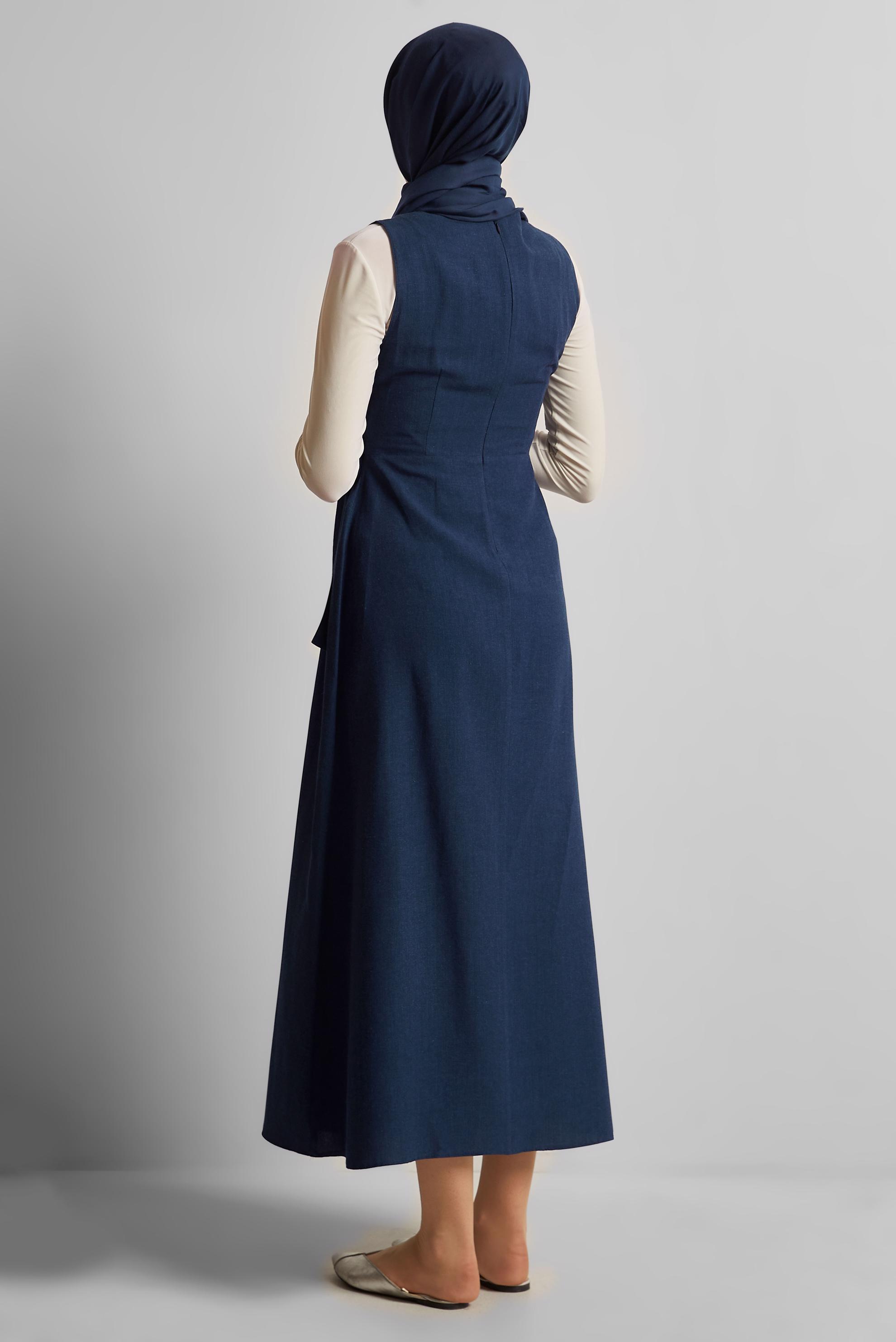 Tesettür giyim LACİVERT KETEN JİLE ELBİSE 45769