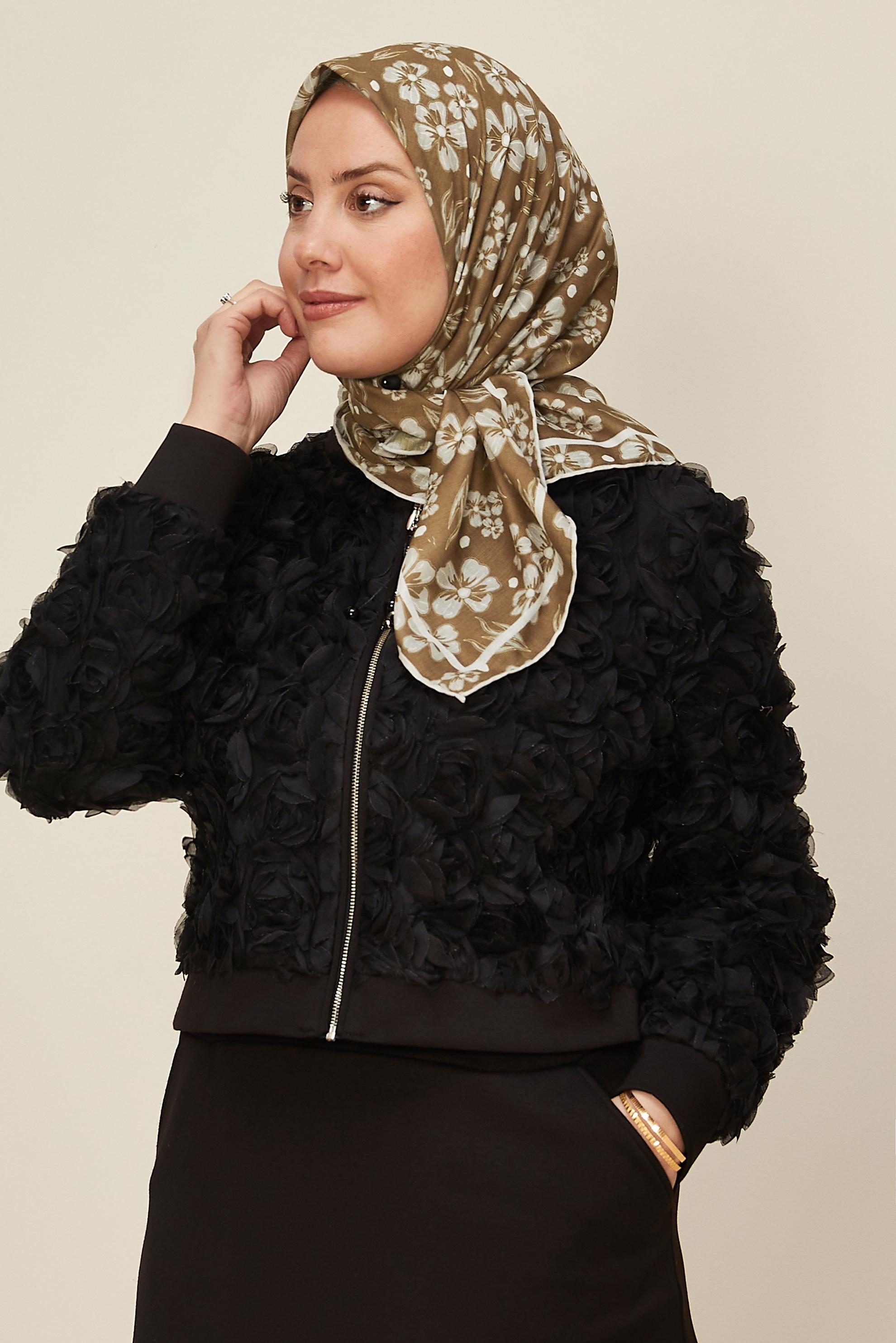 Tesettür giyim KAHVE ALVİNA NATUREL ÇİÇEK DESENLİ EŞARP 8559