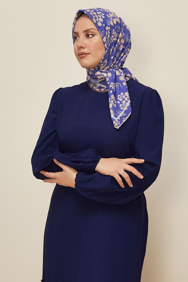Hijab clothing NAVY BLUE ALVINA FLOWER PATTERNED NATURAL SCARF 8559 - ALVİNA