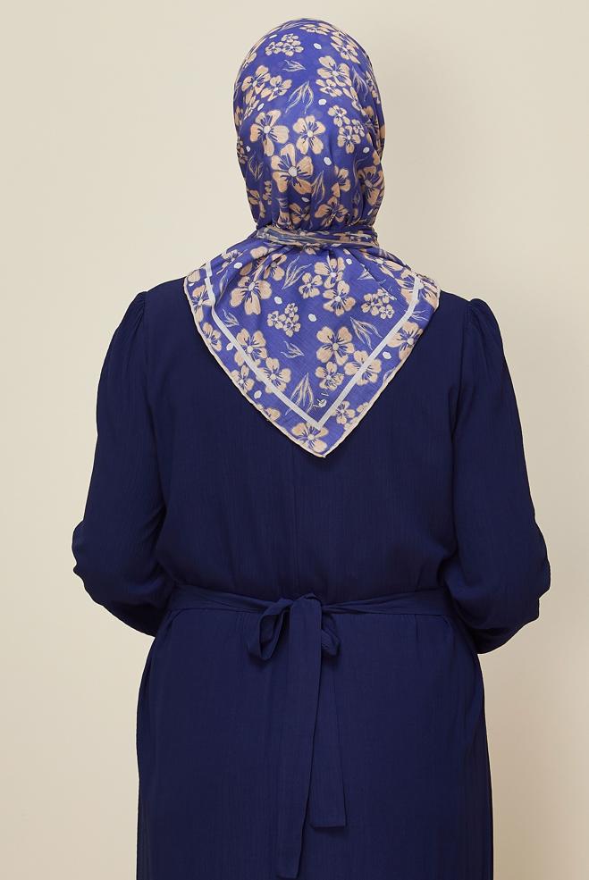 Hijab clothing NAVY BLUE ALVINA FLOWER PATTERNED NATURAL SCARF 8559 - ALVİNA