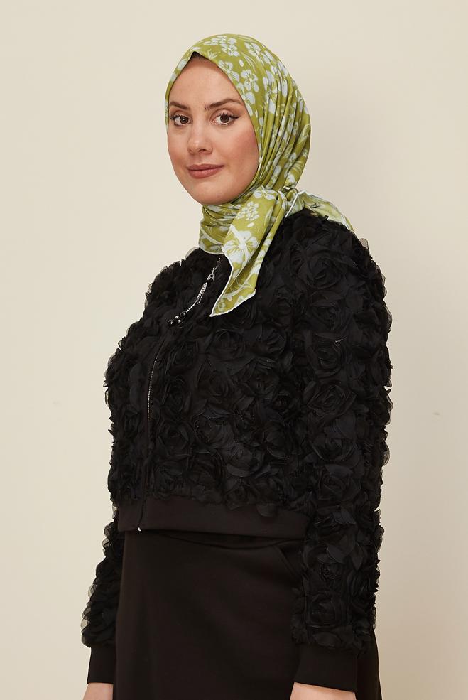 Hijab clothing GREEN ALVINA FLOWER PATTERNED NATURAL SCARF 8559 - ALVİNA