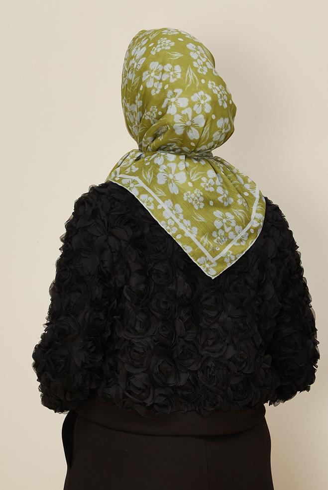 Hijab clothing GREEN ALVINA FLOWER PATTERNED NATURAL SCARF 8559 - ALVİNA