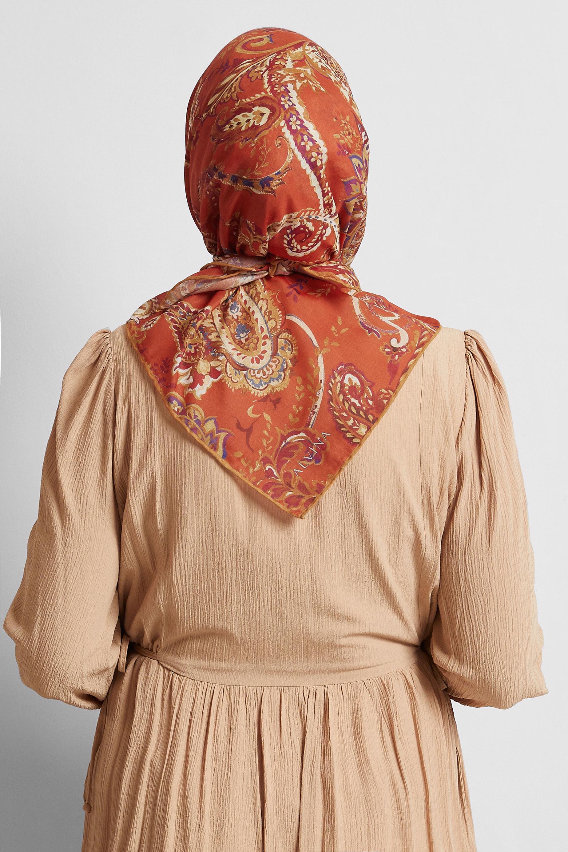 Tesettür giyim TURUNCU ALVİNA DESENLİ EŞARP 8561