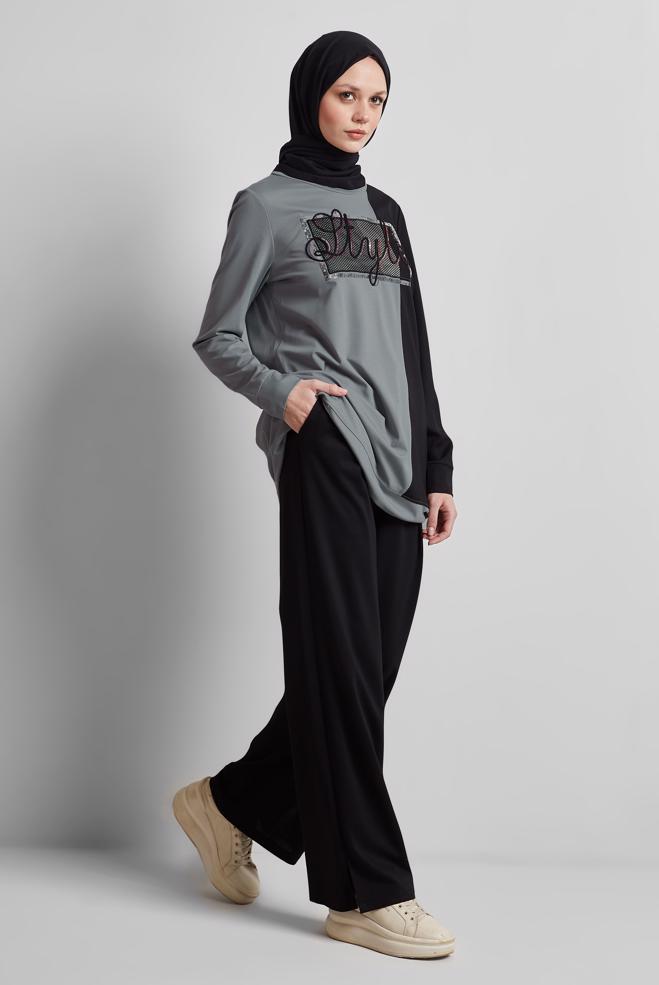 Hijab-Kleidung GRAU TRAININGSANZUG-SET MIT HOSE 44701 - ALVİNA