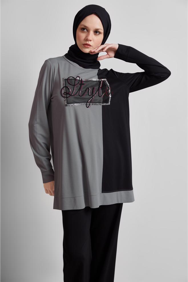 Hijab-Kleidung GRAU TRAININGSANZUG-SET MIT HOSE 44701 - ALVİNA