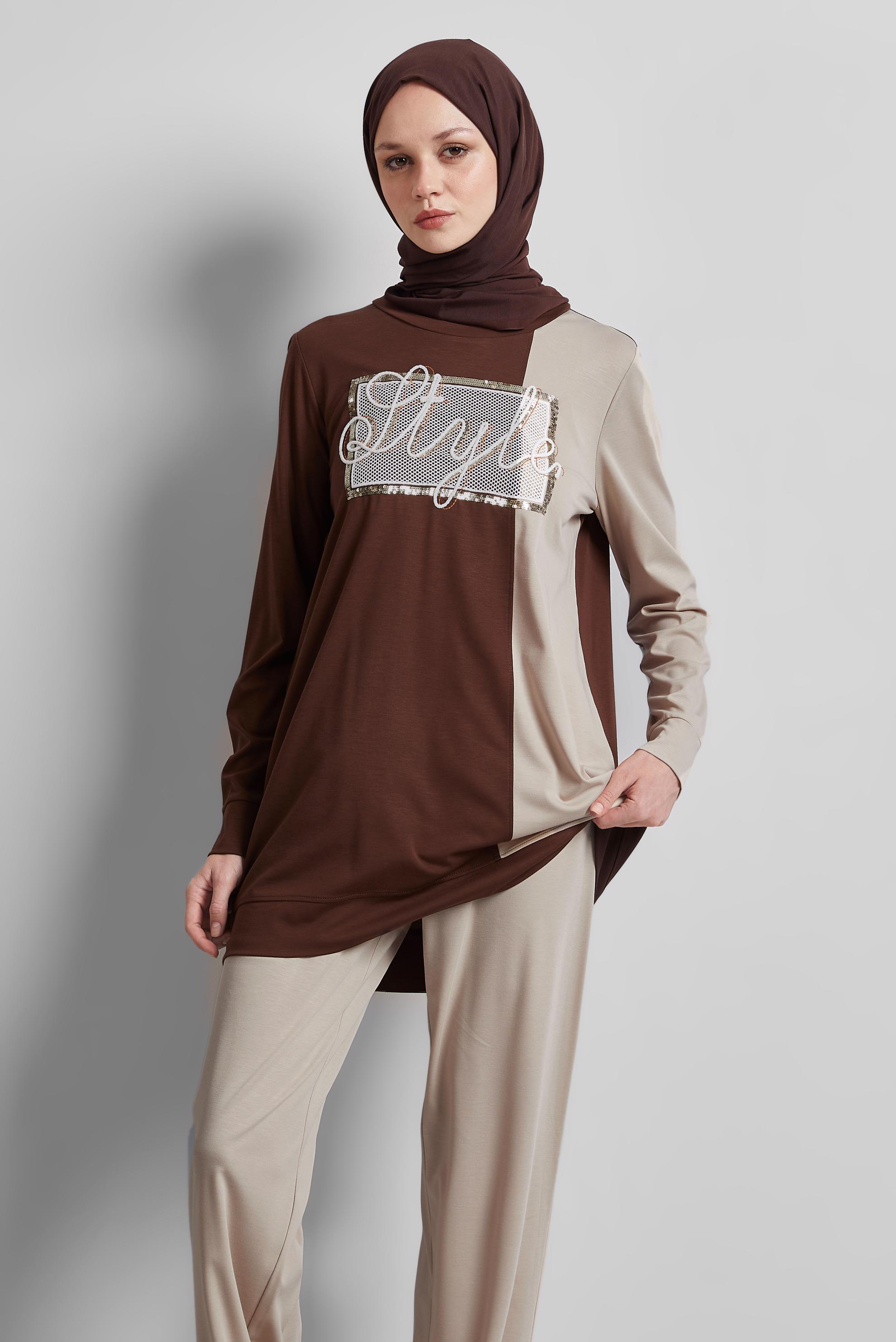 Tesettür giyim KAHVE PANTOLONLU EŞOFMAN TAKIM 44701