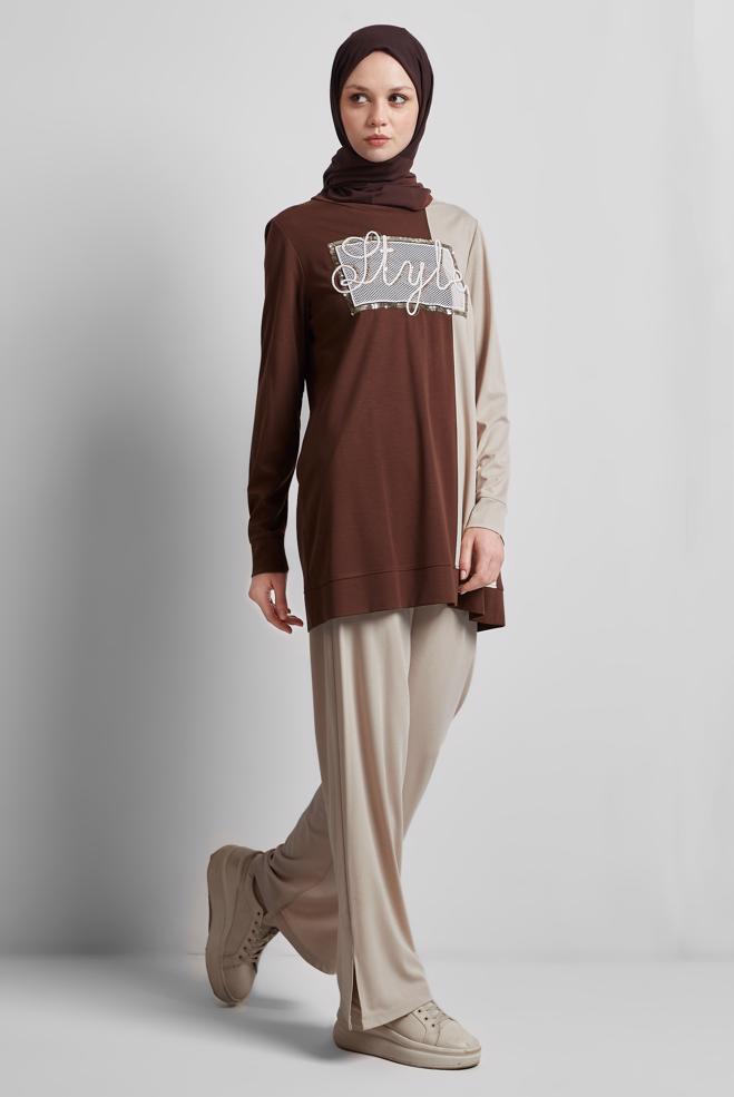 Hijab clothing BROWN TRACKSUIT SET WITH PANTS 44701 - ALVİNA