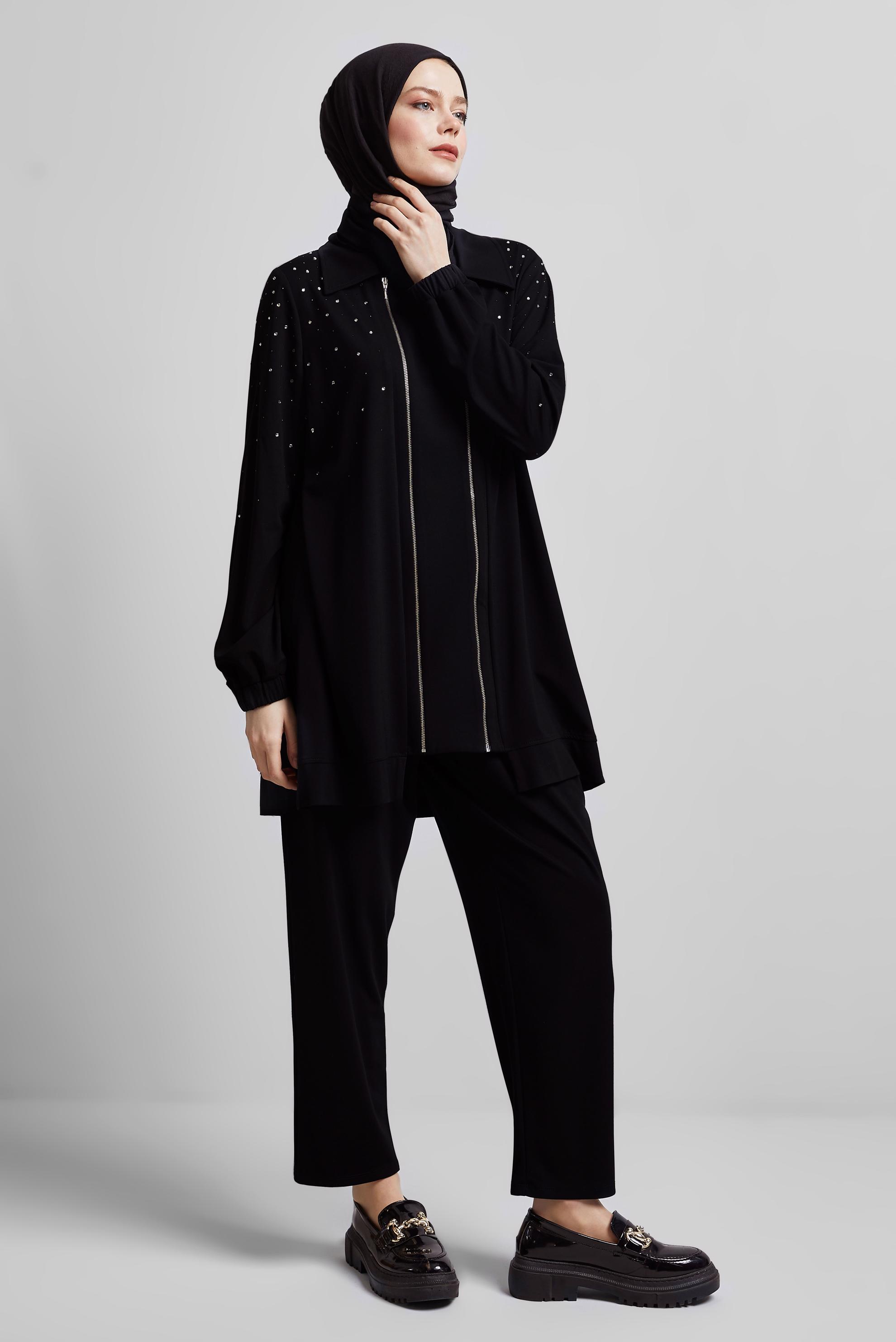 Tesettür giyim SİYAH TAŞLI PANTOLONLU EŞOFMAN TAKIM 44704
