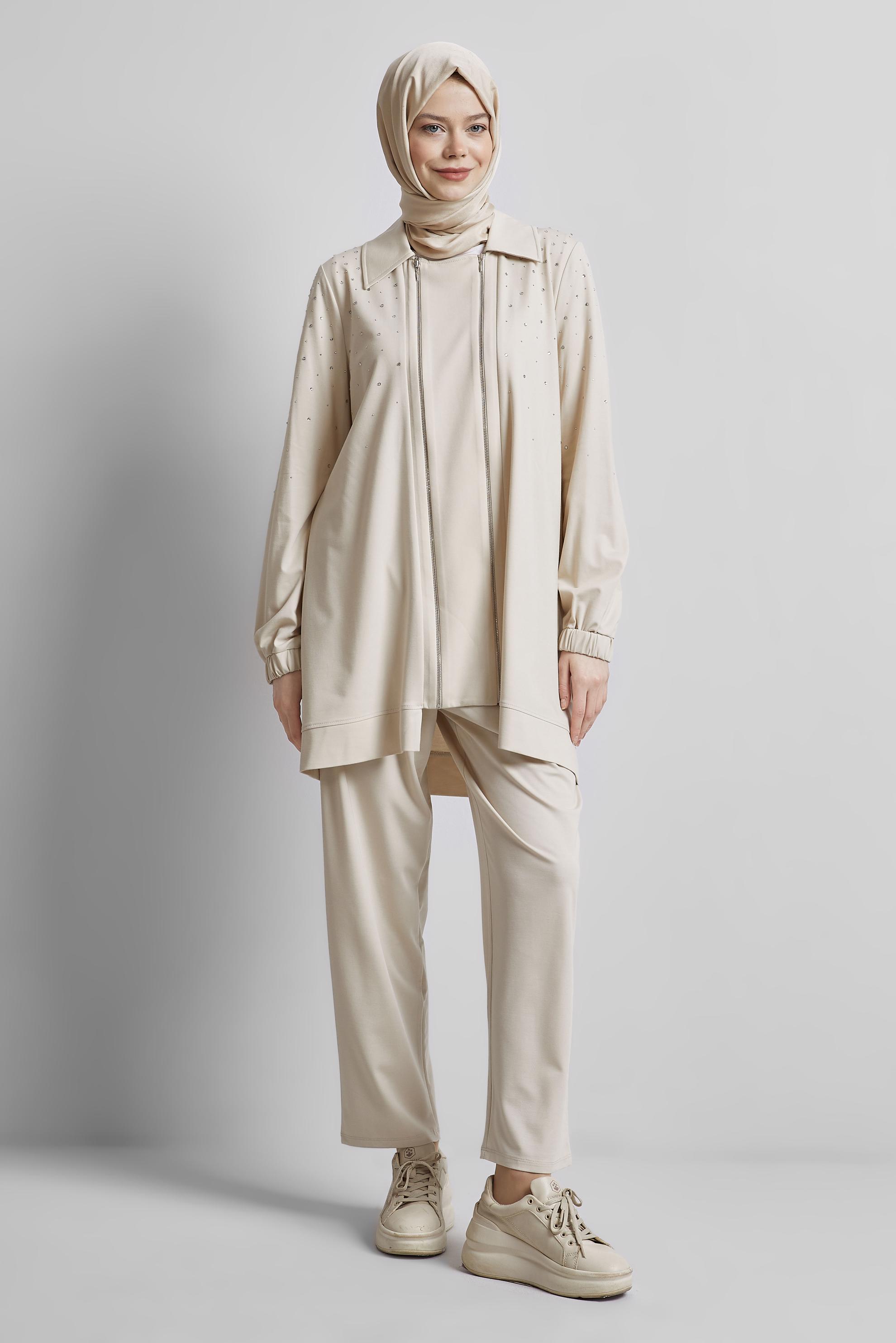 Hijab clothing BEIGE TRACKSUIT SET WITH GEM 44704