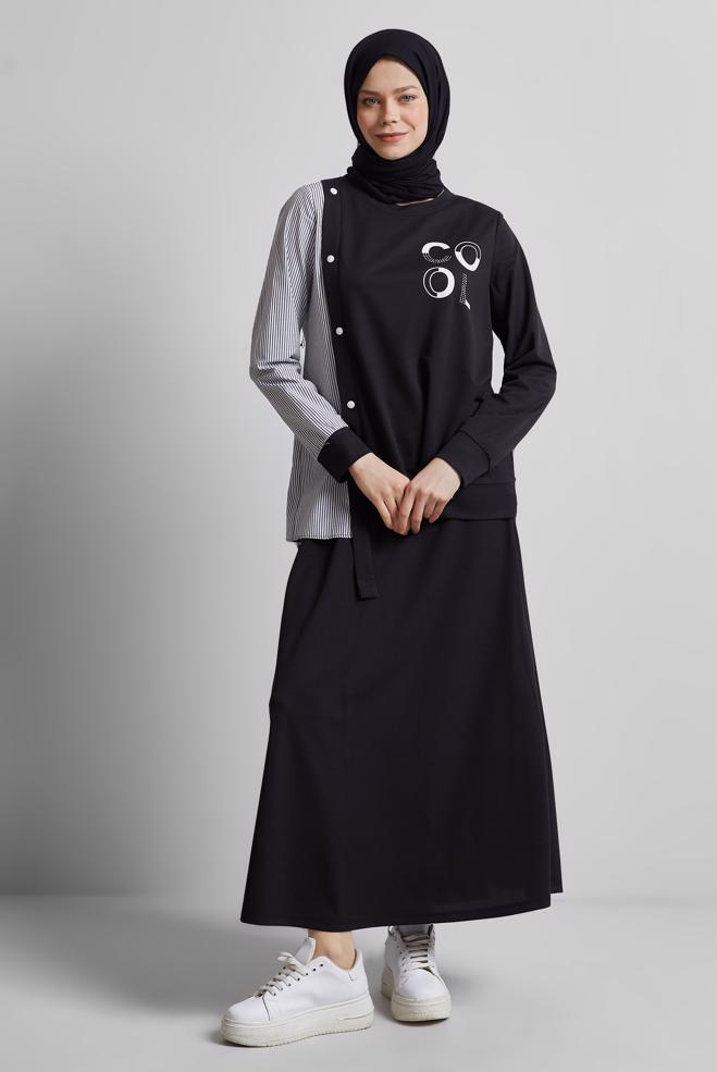 Hijab clothing BLACK SKIRTED TRACKSUIT SET 44747 - ALVİNA