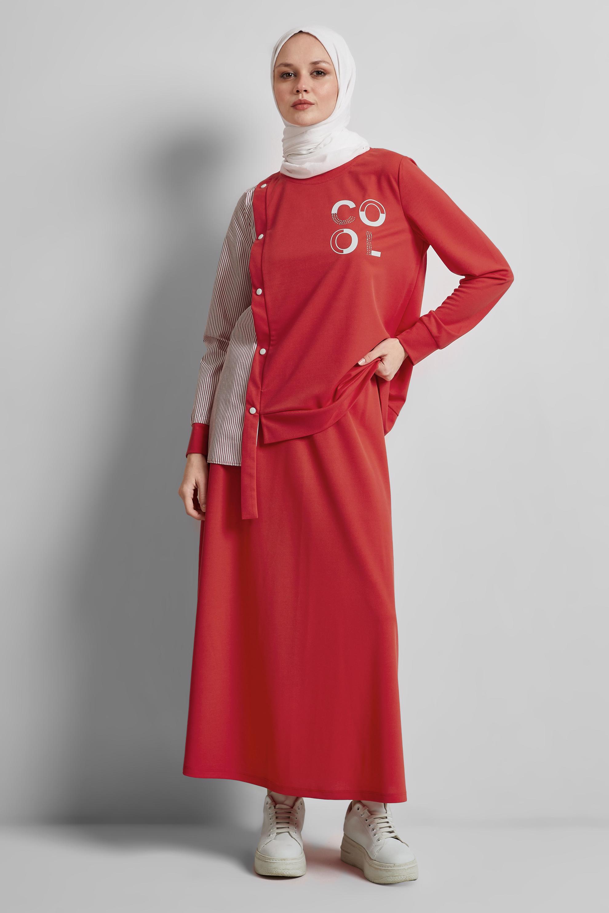 Tesettür giyim KIRMIZI ETEKLİ EŞOFMAN TAKIM 44747