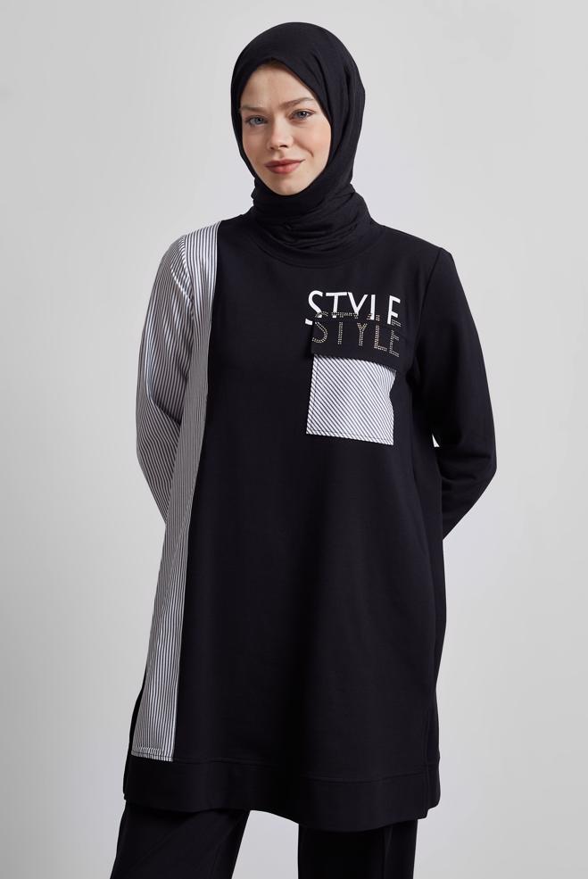 Vêtements hijab NOIR ENSEMBLE DE SURVÊTEMENT IMPRIMÉ 44748 - ALVİNA