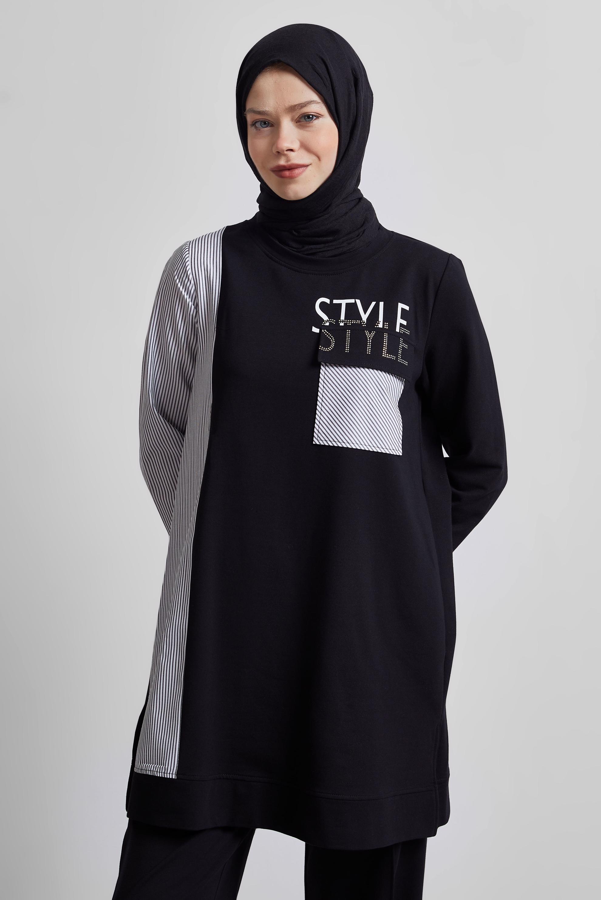 Tesettür giyim SİYAH BASKILI PANTOLONLU EŞOFMAN TAKIM 44748