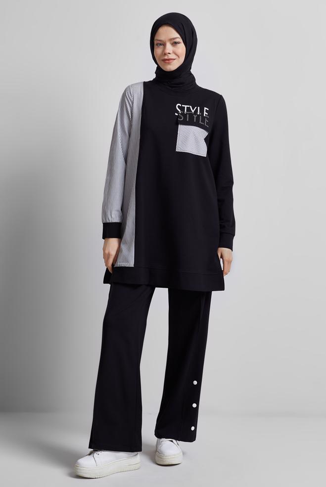 Vêtements hijab NOIR ENSEMBLE DE SURVÊTEMENT IMPRIMÉ 44748 - ALVİNA