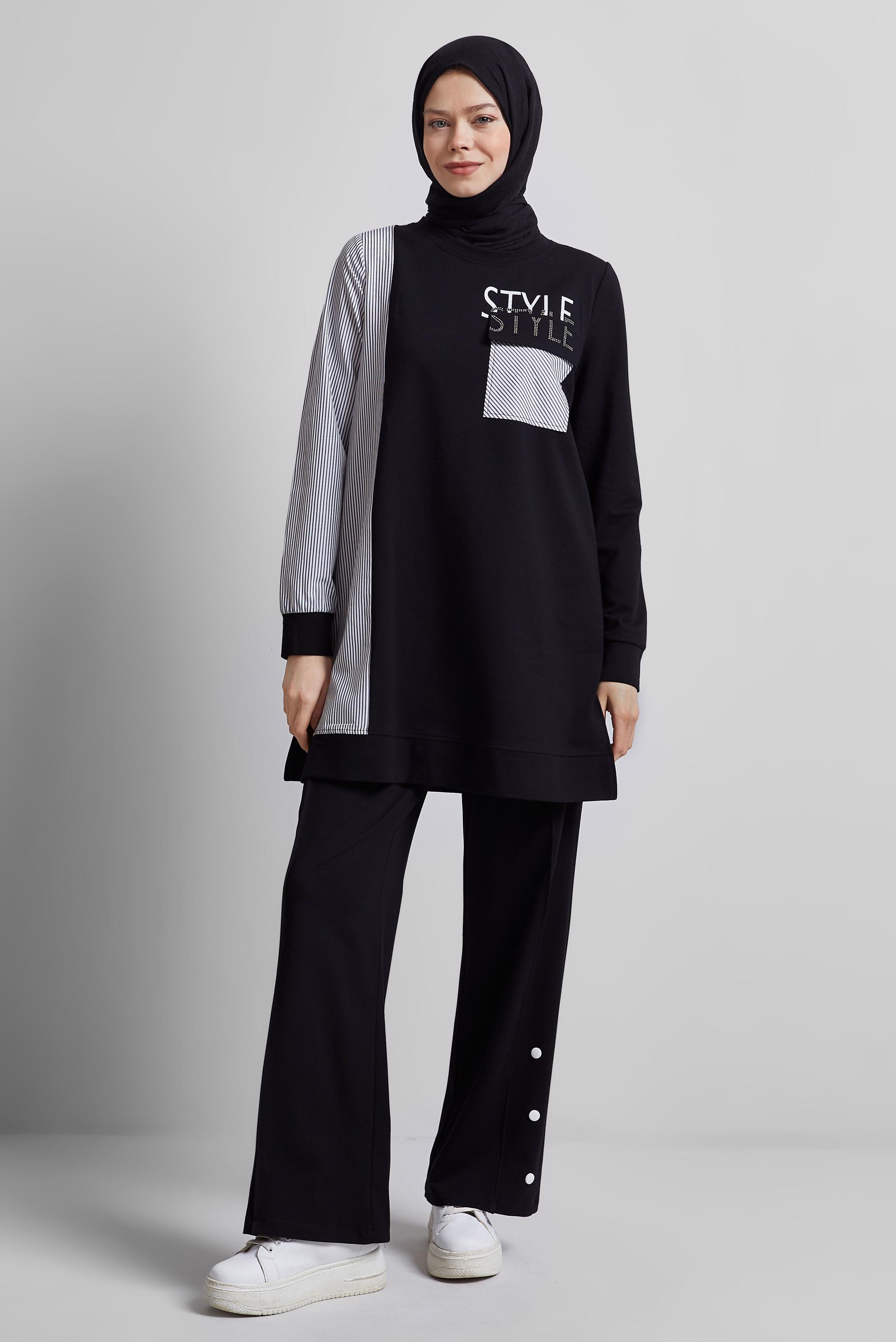Tesettür giyim SİYAH BASKILI PANTOLONLU EŞOFMAN TAKIM 44748