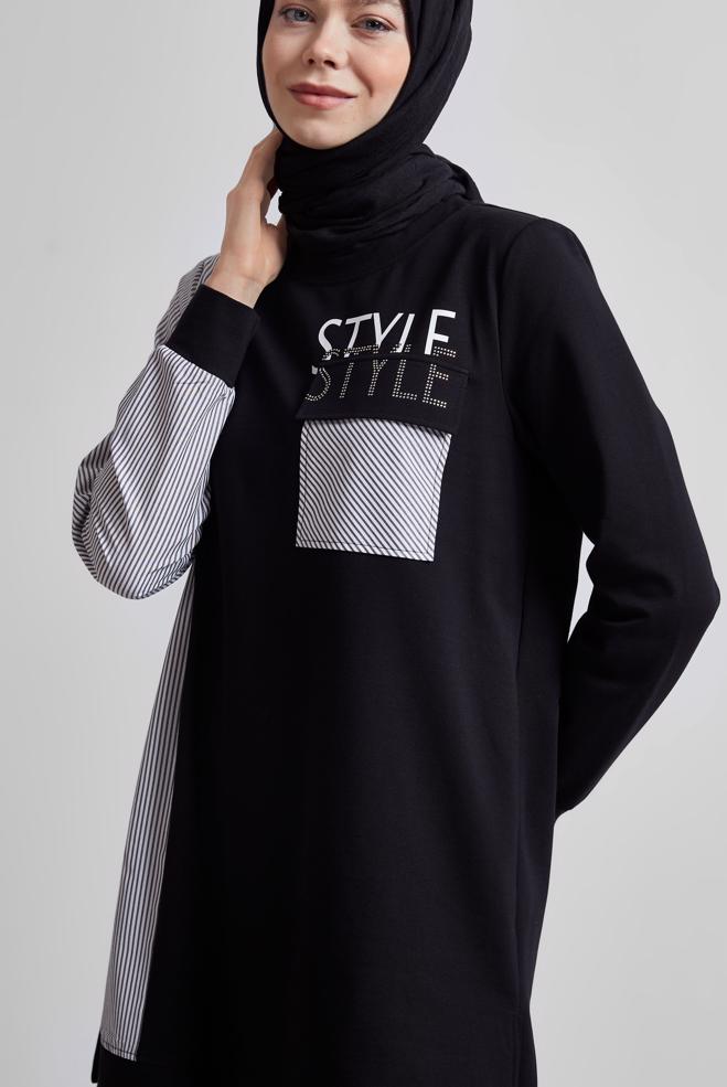 Vêtements hijab NOIR ENSEMBLE DE SURVÊTEMENT IMPRIMÉ 44748 - ALVİNA