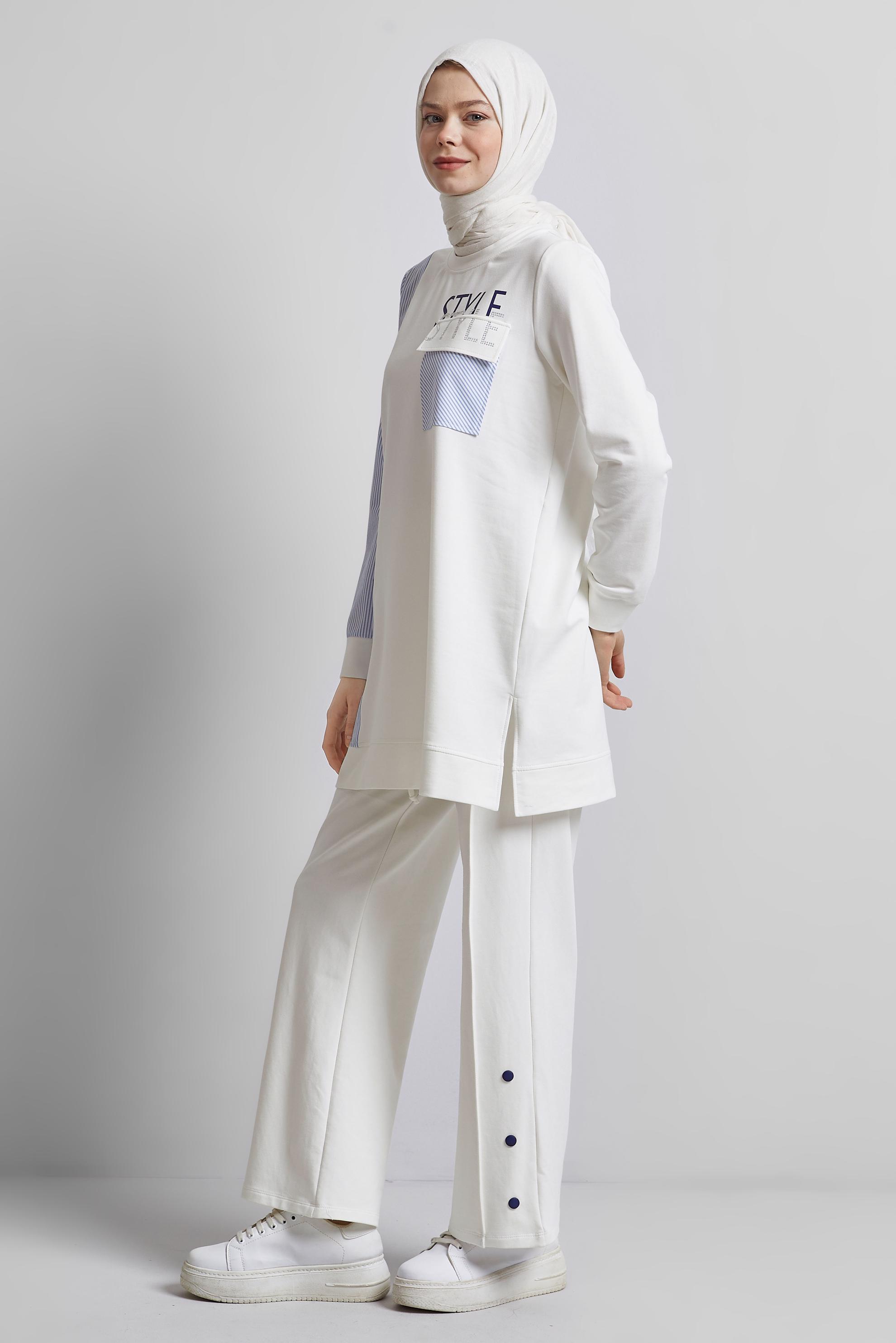 Tesettür giyim BEYAZ BASKILI PANTOLONLU EŞOFMAN TAKIM 44748