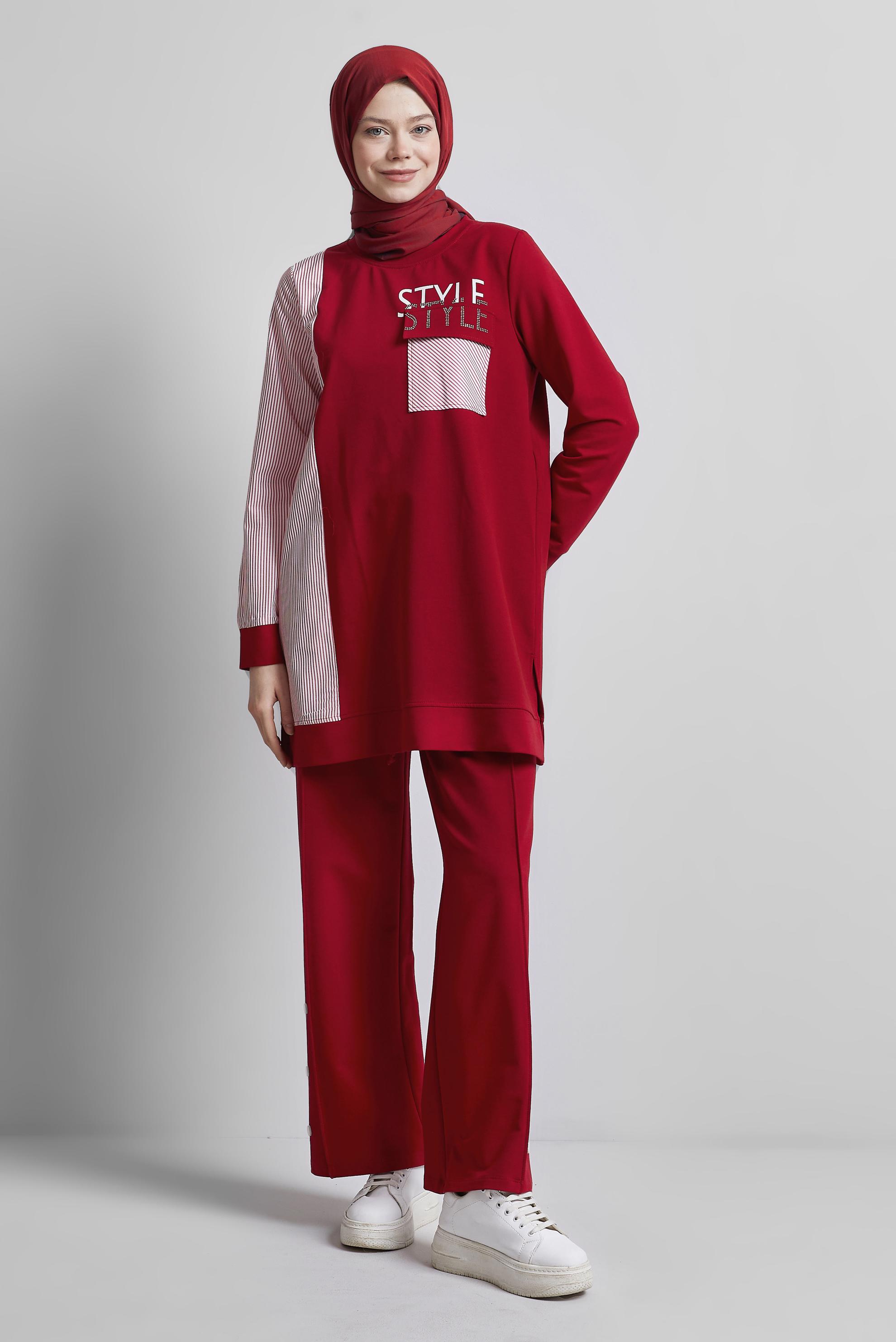 Tesettür giyim KIRMIZI BASKILI PANTOLONLU EŞOFMAN TAKIM 44748