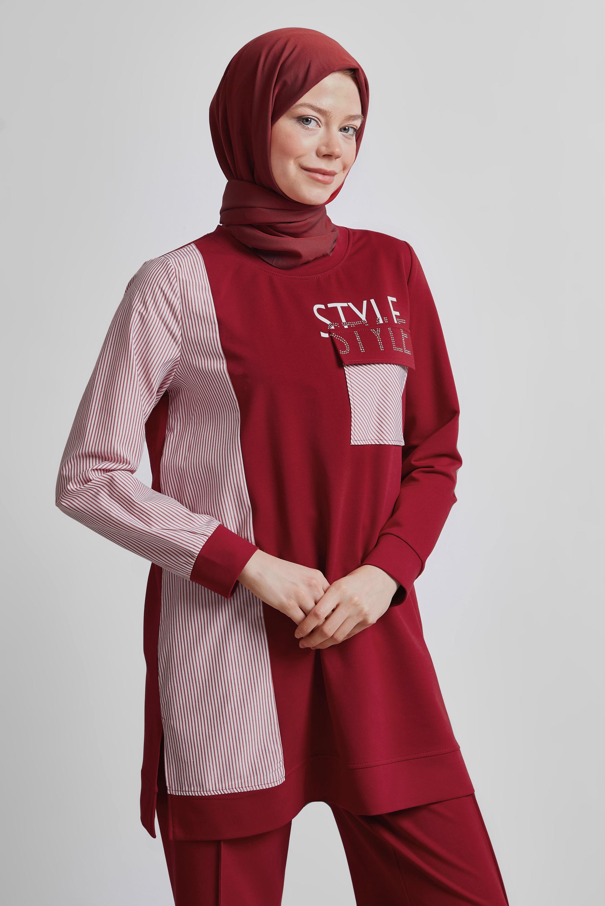 Tesettür giyim KIRMIZI BASKILI PANTOLONLU EŞOFMAN TAKIM 44748