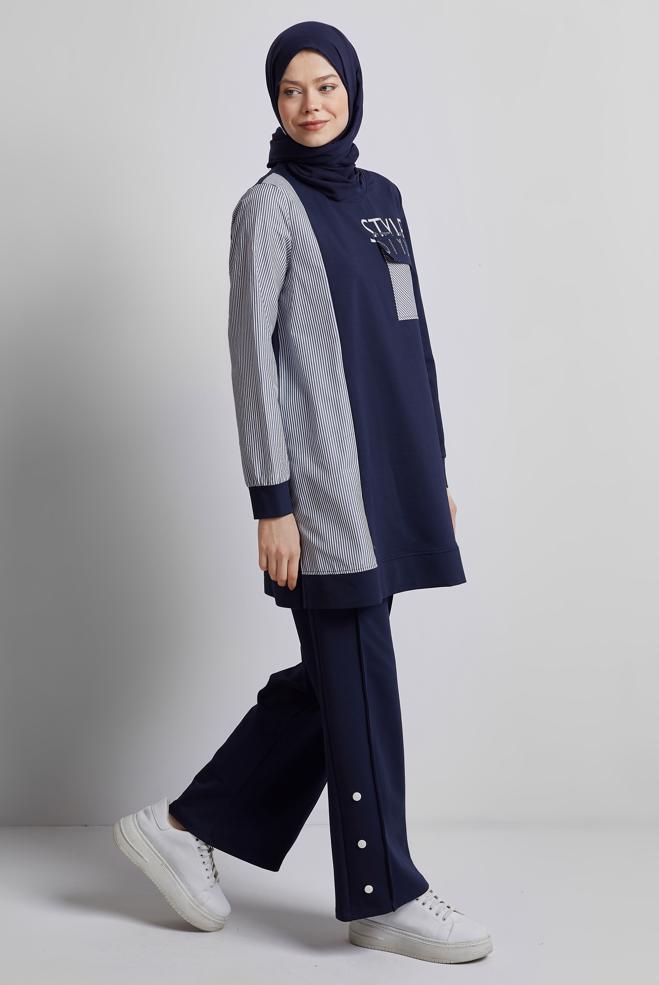 Hijab-Kleidung NAVY BLAU BEDRUCKTES TRAININGSANZUG-SET 44748 - ALVİNA