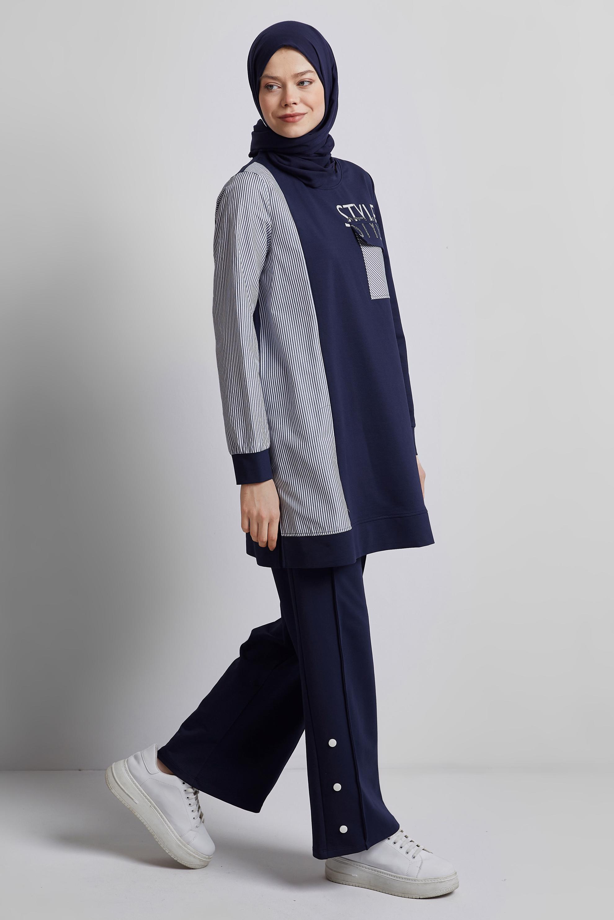 Tesettür giyim LACİVERT BASKILI PANTOLONLU EŞOFMAN TAKIM 44748