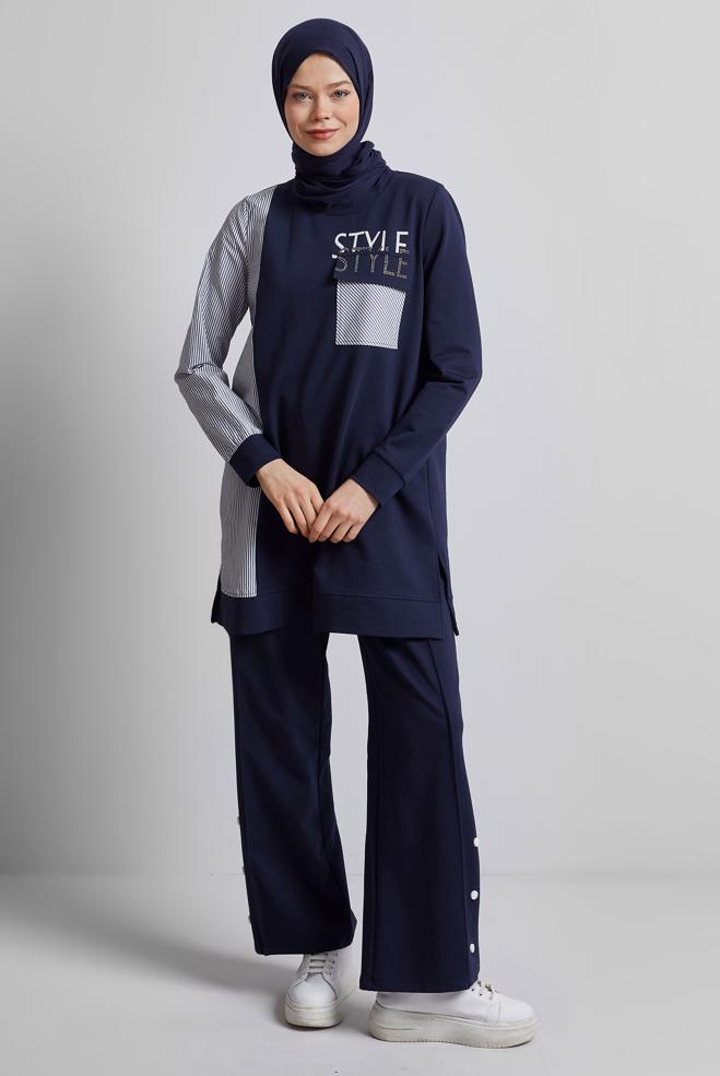 Hijab-Kleidung NAVY BLAU BEDRUCKTES TRAININGSANZUG-SET 44748 - ALVİNA