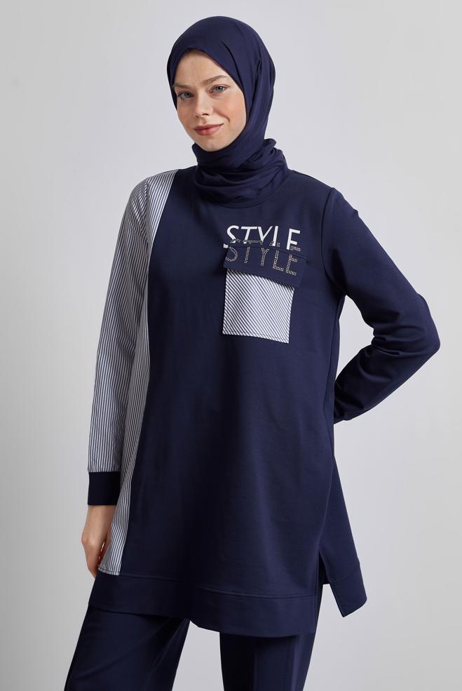 Hijab-Kleidung NAVY BLAU BEDRUCKTES TRAININGSANZUG-SET 44748 - ALVİNA