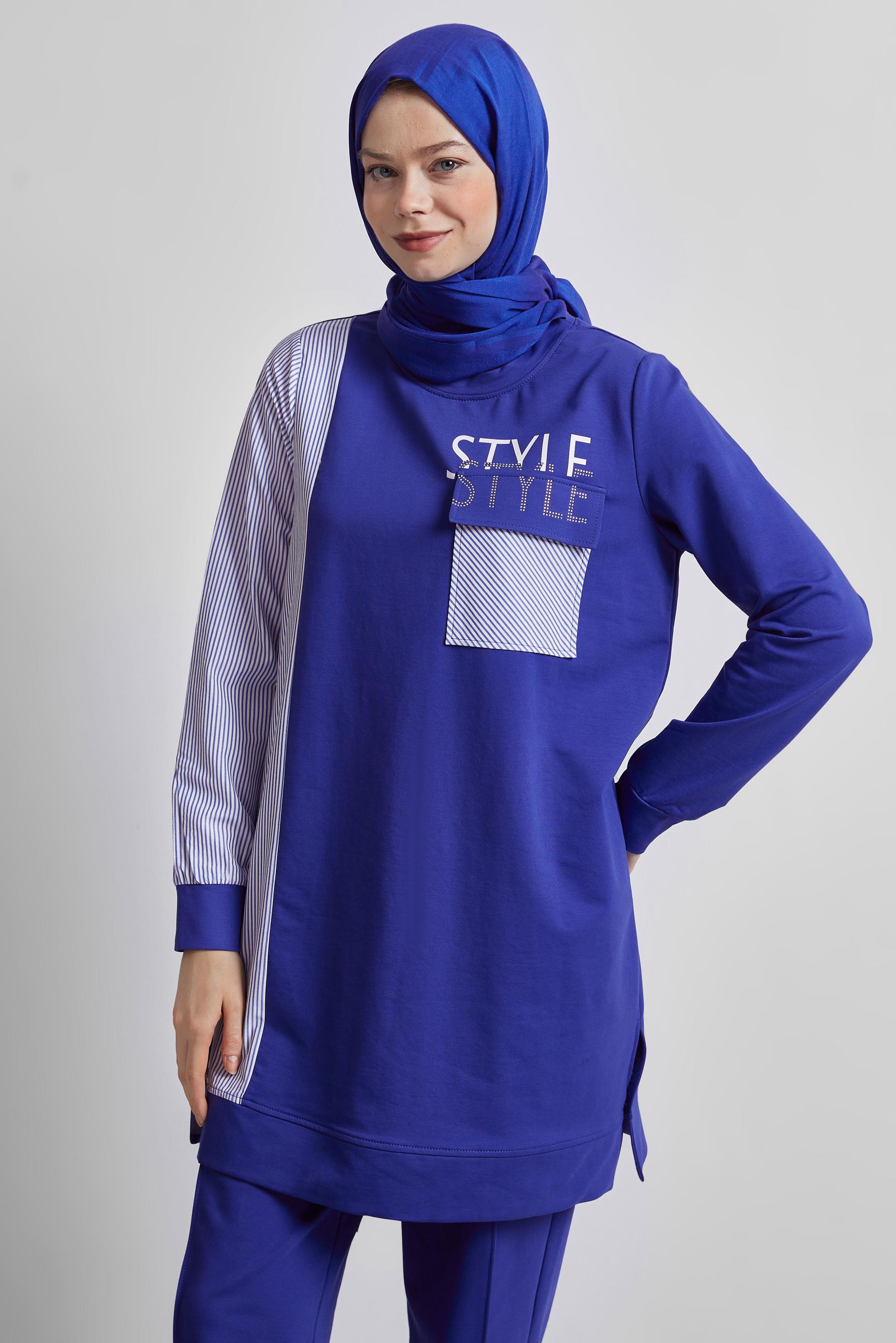 Tesettür giyim LACİVERT BASKILI PANTOLONLU EŞOFMAN TAKIM 44748