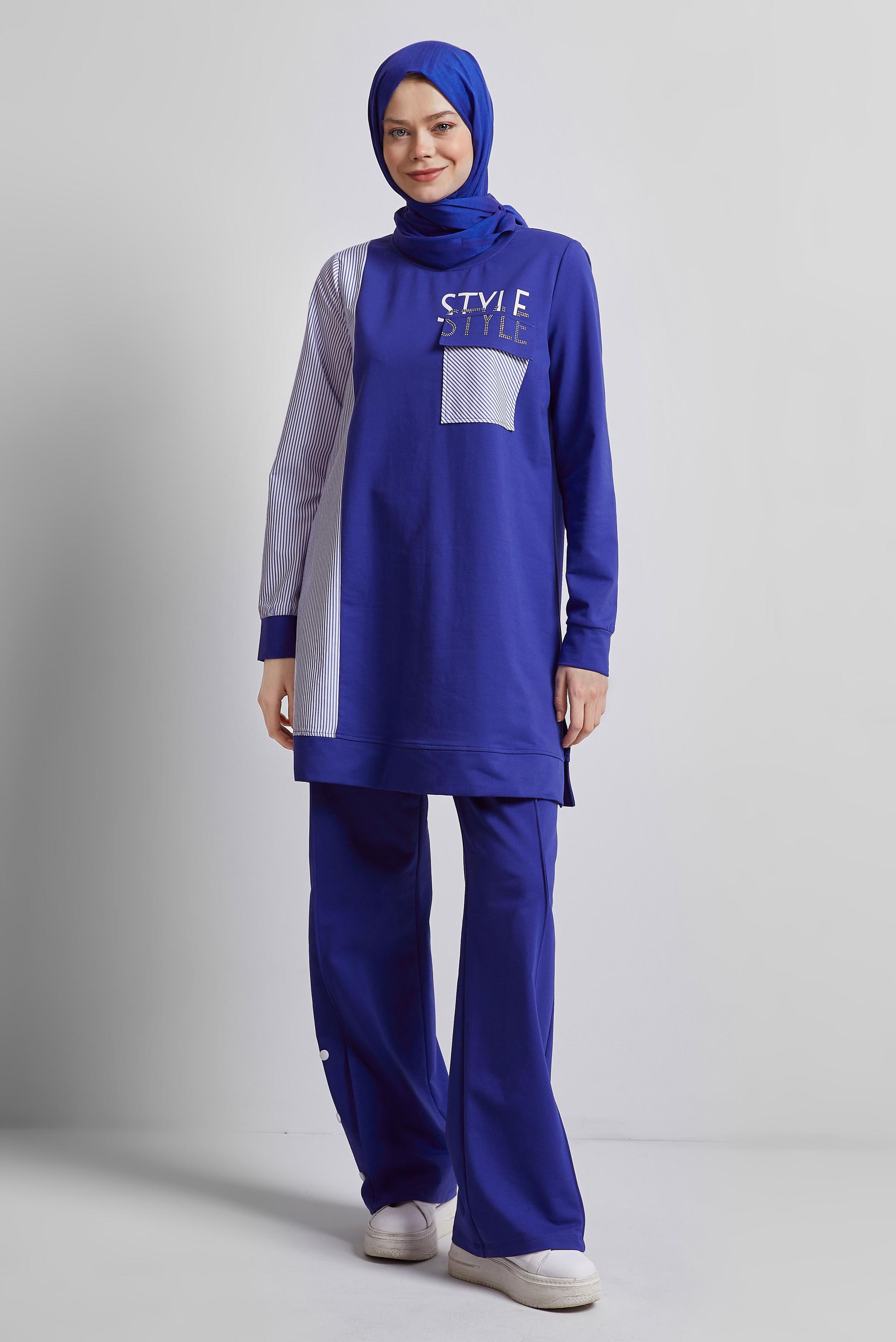 Tesettür giyim LACİVERT BASKILI PANTOLONLU EŞOFMAN TAKIM 44748