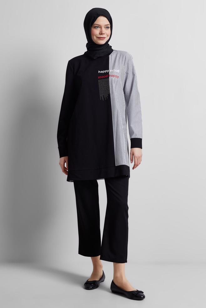Hijab-Kleidung SCHWARZ GESTREIFTE TRAININGSTUNIKA 44749 - ALVİNA