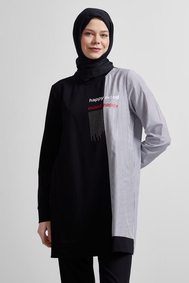 Hijab-Kleidung SCHWARZ GESTREIFTE TRAININGSTUNIKA 44749 - ALVİNA