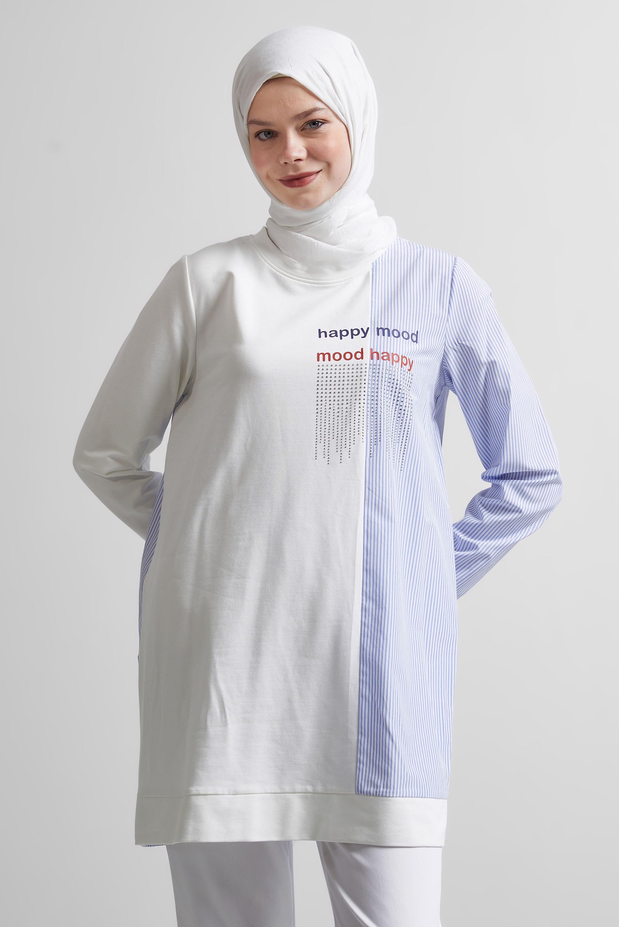 Tesettür giyim BEYAZ ÇİZGİLİ EŞOFMAN TUNİK 44749