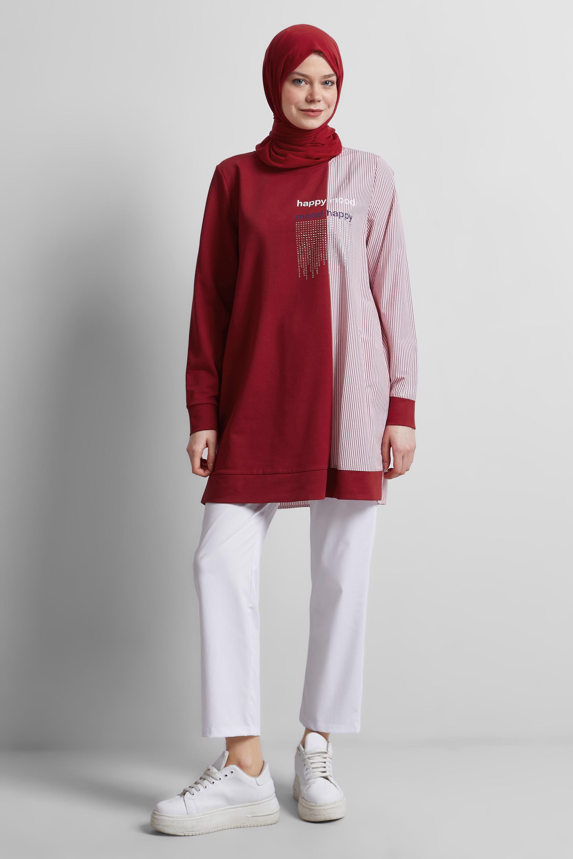 Tesettür giyim KIRMIZI ÇİZGİLİ EŞOFMAN TUNİK 44749