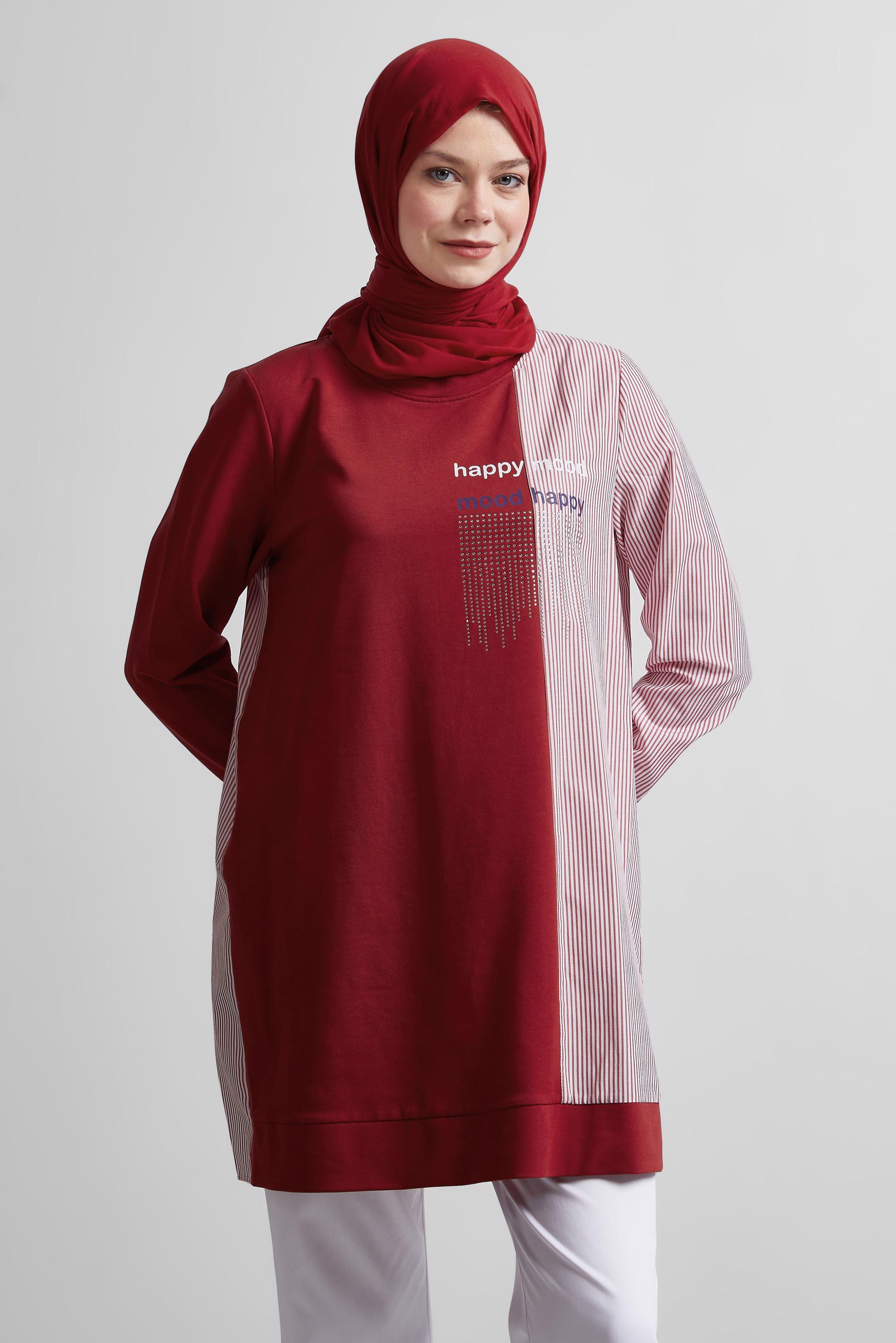 Tesettür giyim KIRMIZI ÇİZGİLİ EŞOFMAN TUNİK 44749