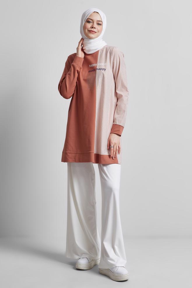 Hijab-Kleidung ORANGE GESTREIFTE TRAININGSTUNIKA 44749 - ALVİNA