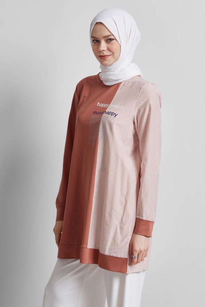 Hijab-Kleidung ORANGE GESTREIFTE TRAININGSTUNIKA 44749 - ALVİNA