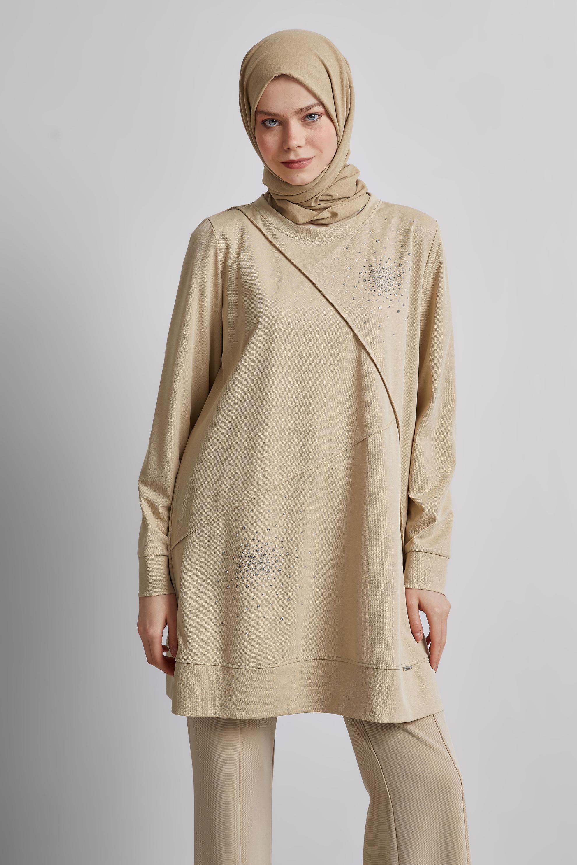 Hijab clothing BEIGE TRACKSUIT TUNIC WITH GEM 44764
