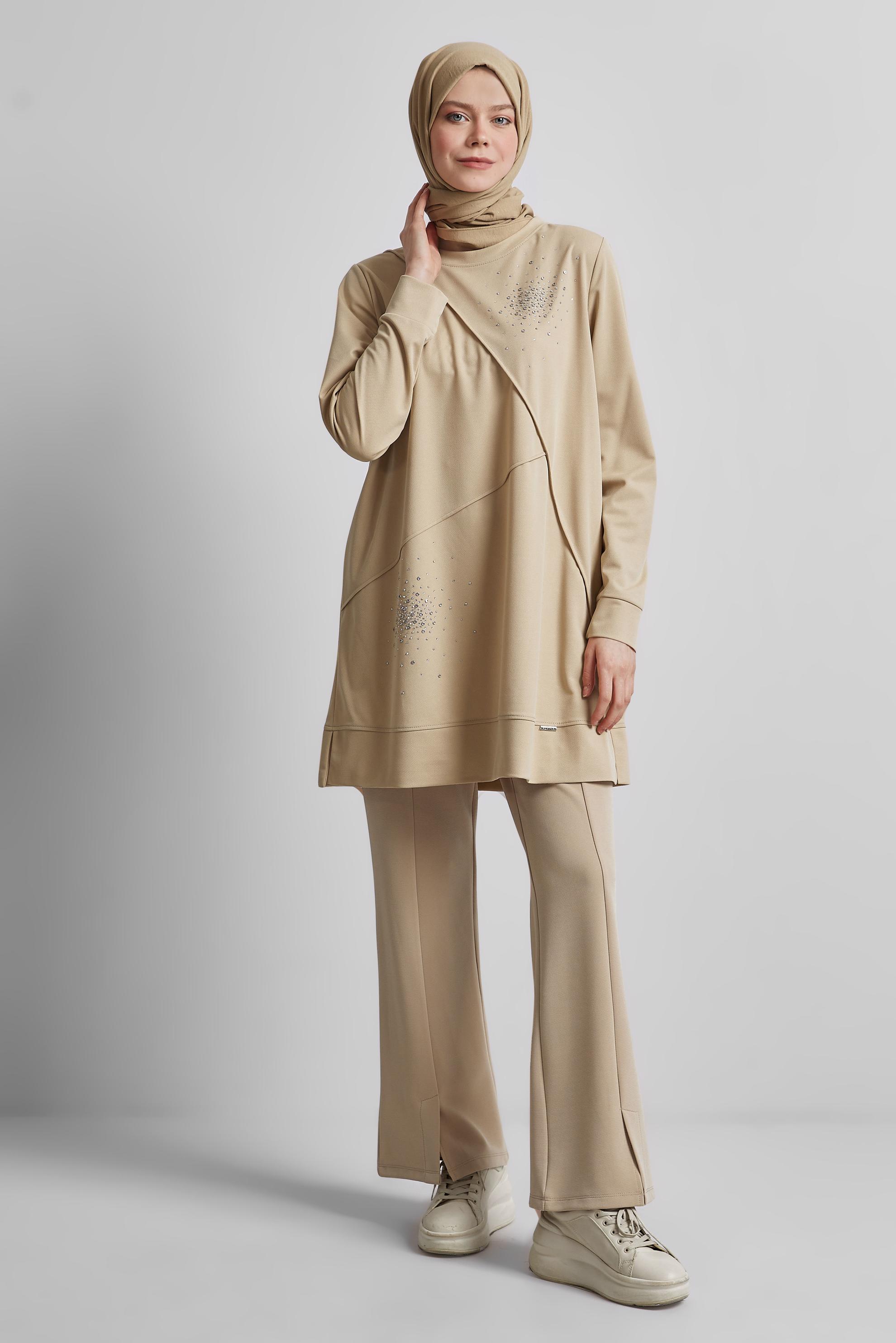 Hijab clothing BEIGE TRACKSUIT TUNIC WITH GEM 44764