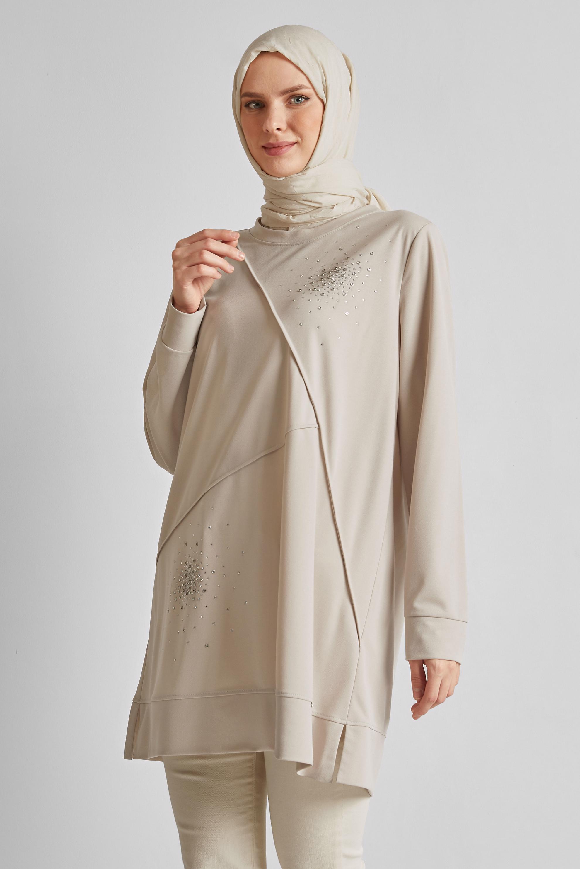 Tesettür giyim BEJ TAŞLI EŞOFMAN TUNİK 44764