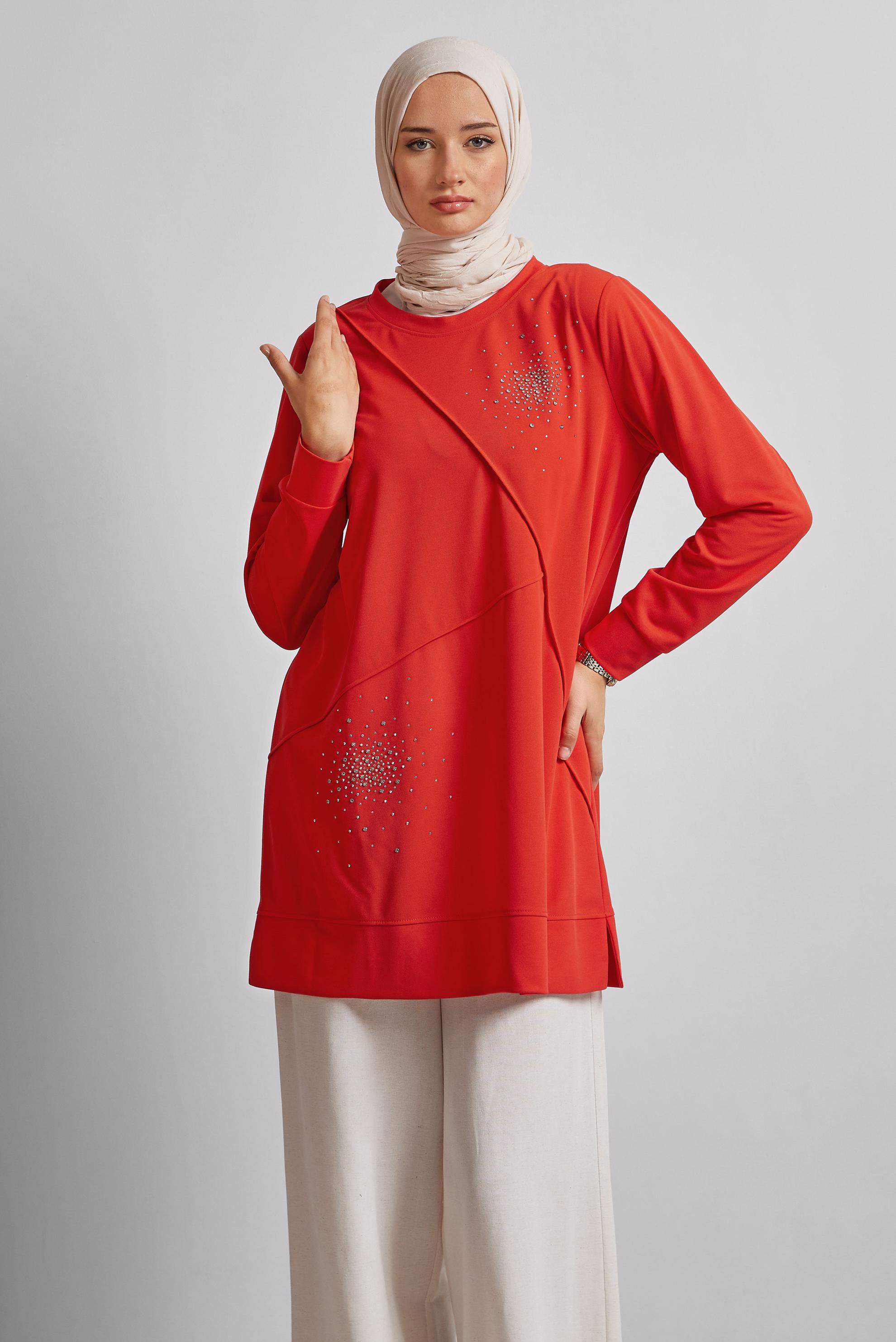 Vêtements hijab ROUGE TUNIQUE DE SURVÊTEMENT AVEC BIJOU 44764