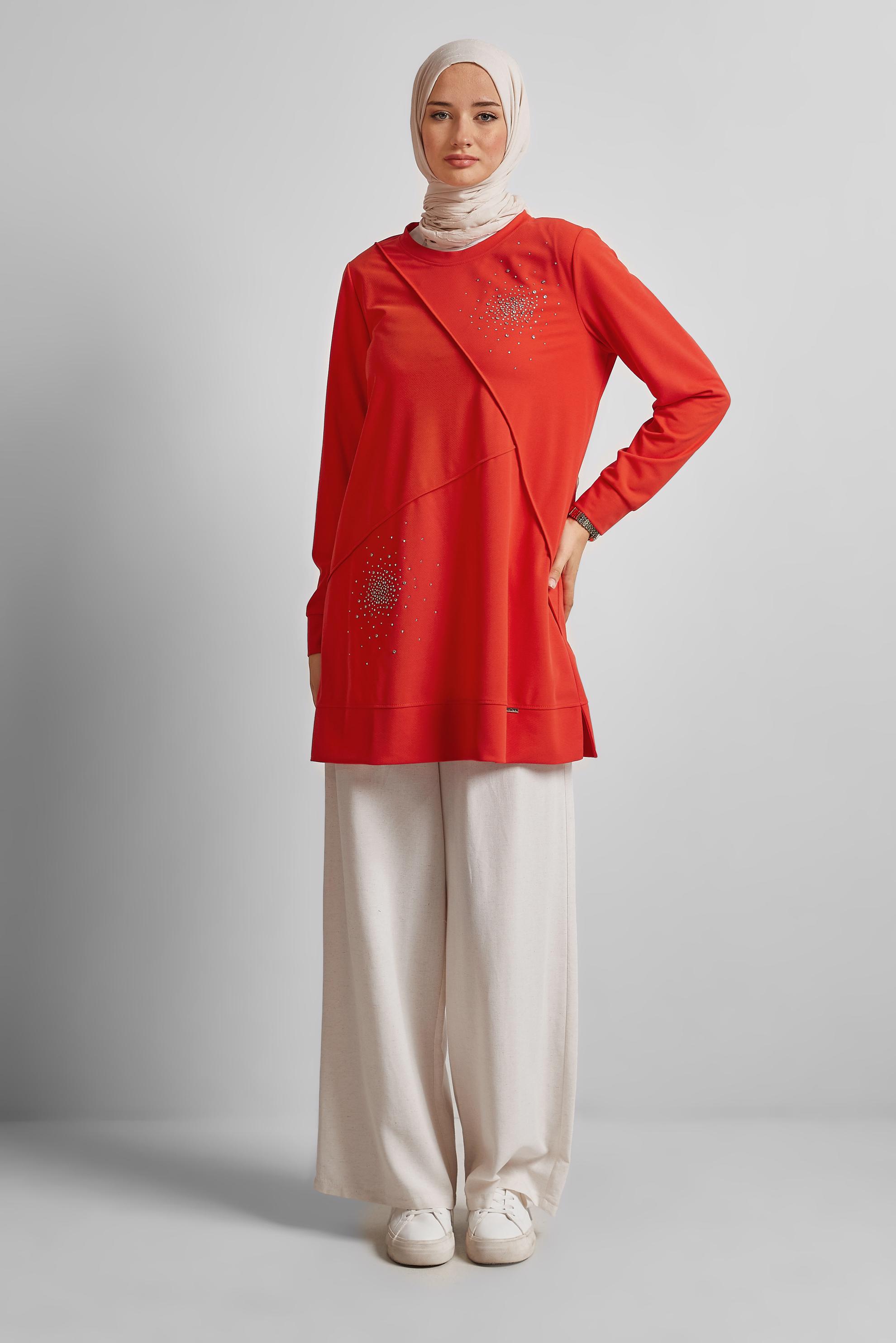 Vêtements hijab ROUGE TUNIQUE DE SURVÊTEMENT AVEC BIJOU 44764