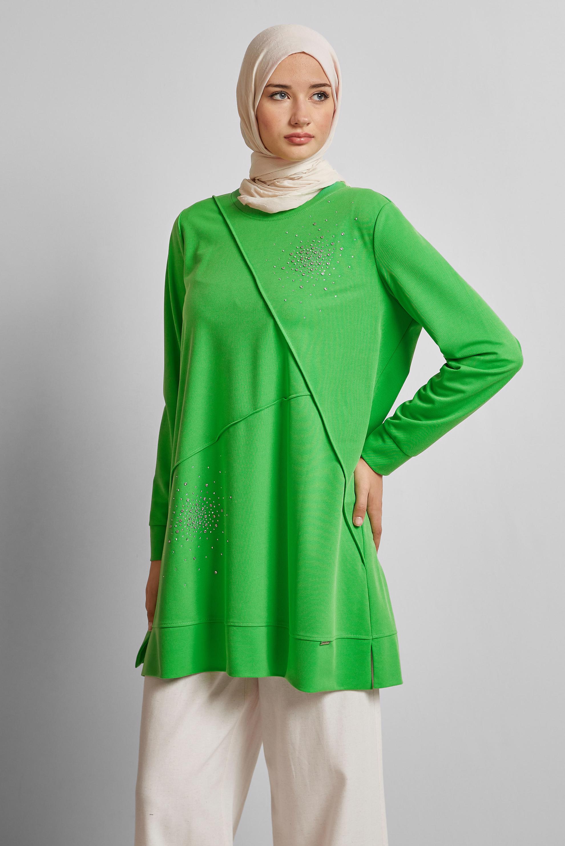 Tesettür giyim YEŞİL TAŞLI EŞOFMAN TUNİK 44764