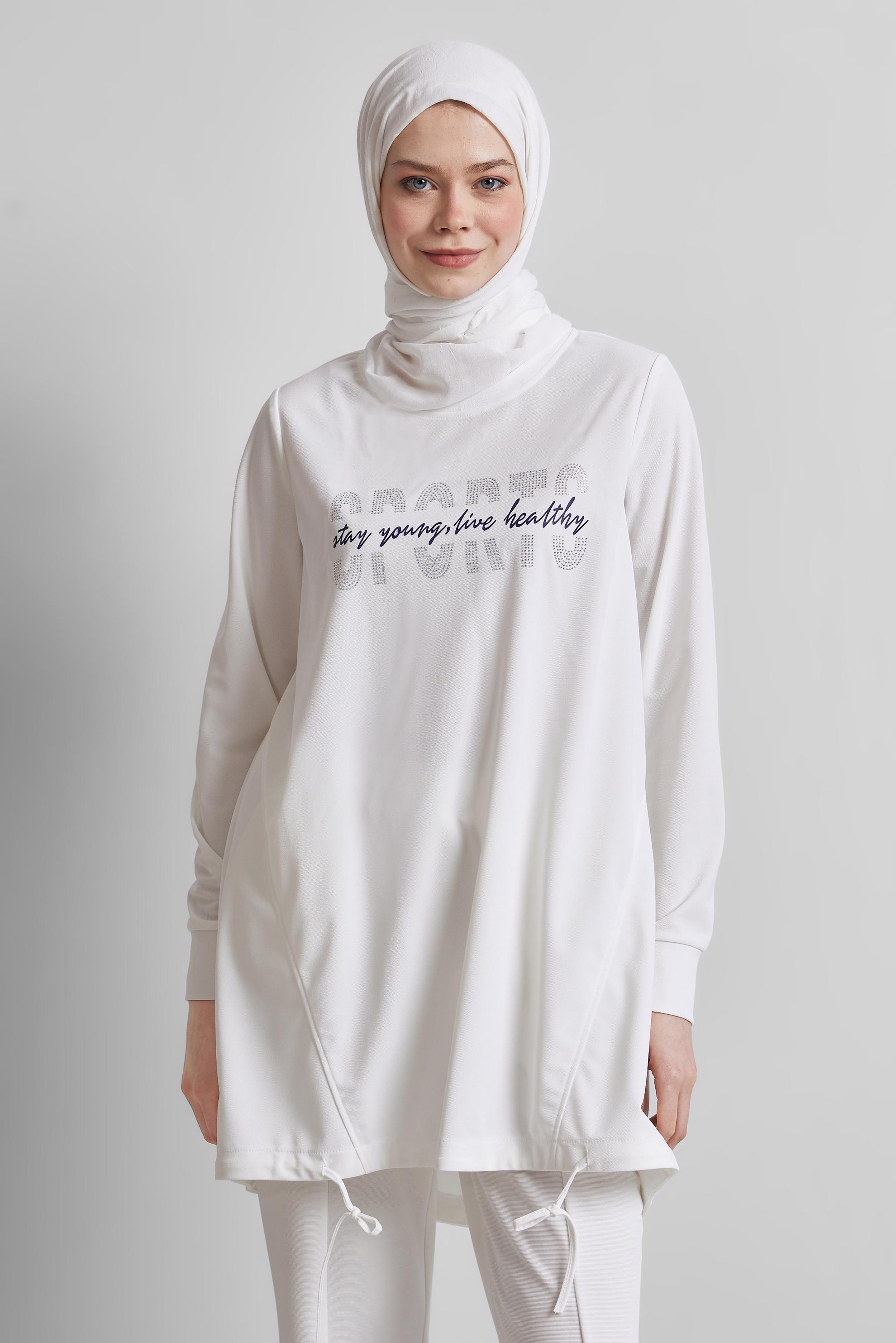 Tesettür giyim BEYAZ BASKILI EŞOFMAN TUNİK 44765