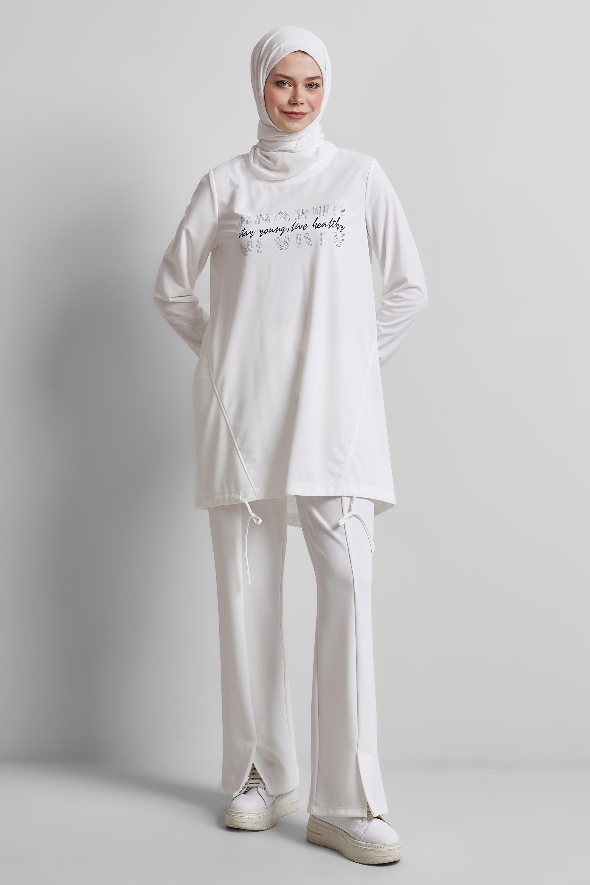 Tesettür giyim BEYAZ BASKILI EŞOFMAN TUNİK 44765