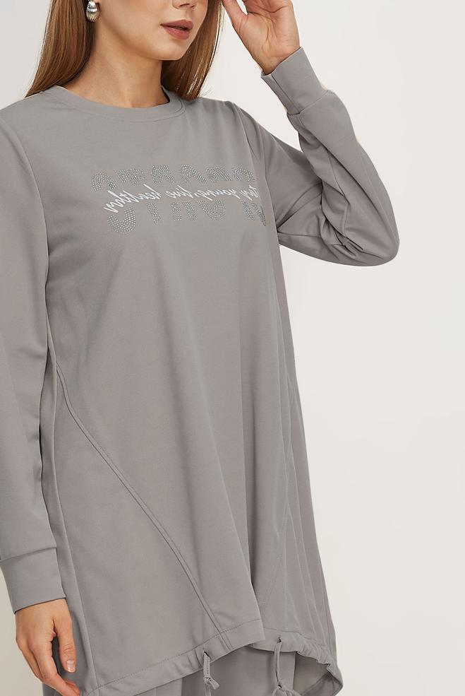 Vêtements hijab GRIS TUNIQUE DE SURVÊTEMENT IMPRIMÉE 44765 - ALVİNA