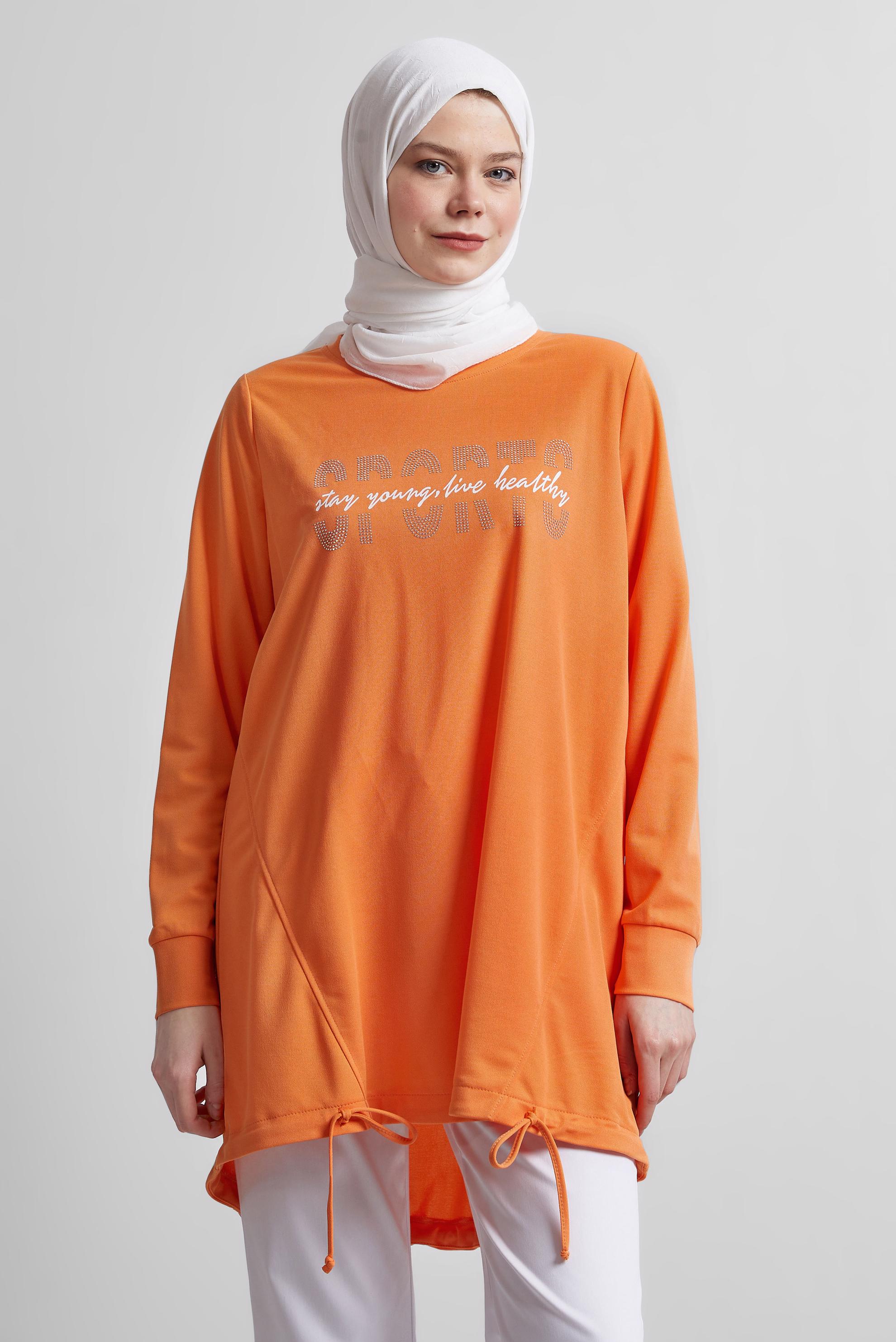 Tesettür giyim TURUNCU BASKILI EŞOFMAN TUNİK 44765