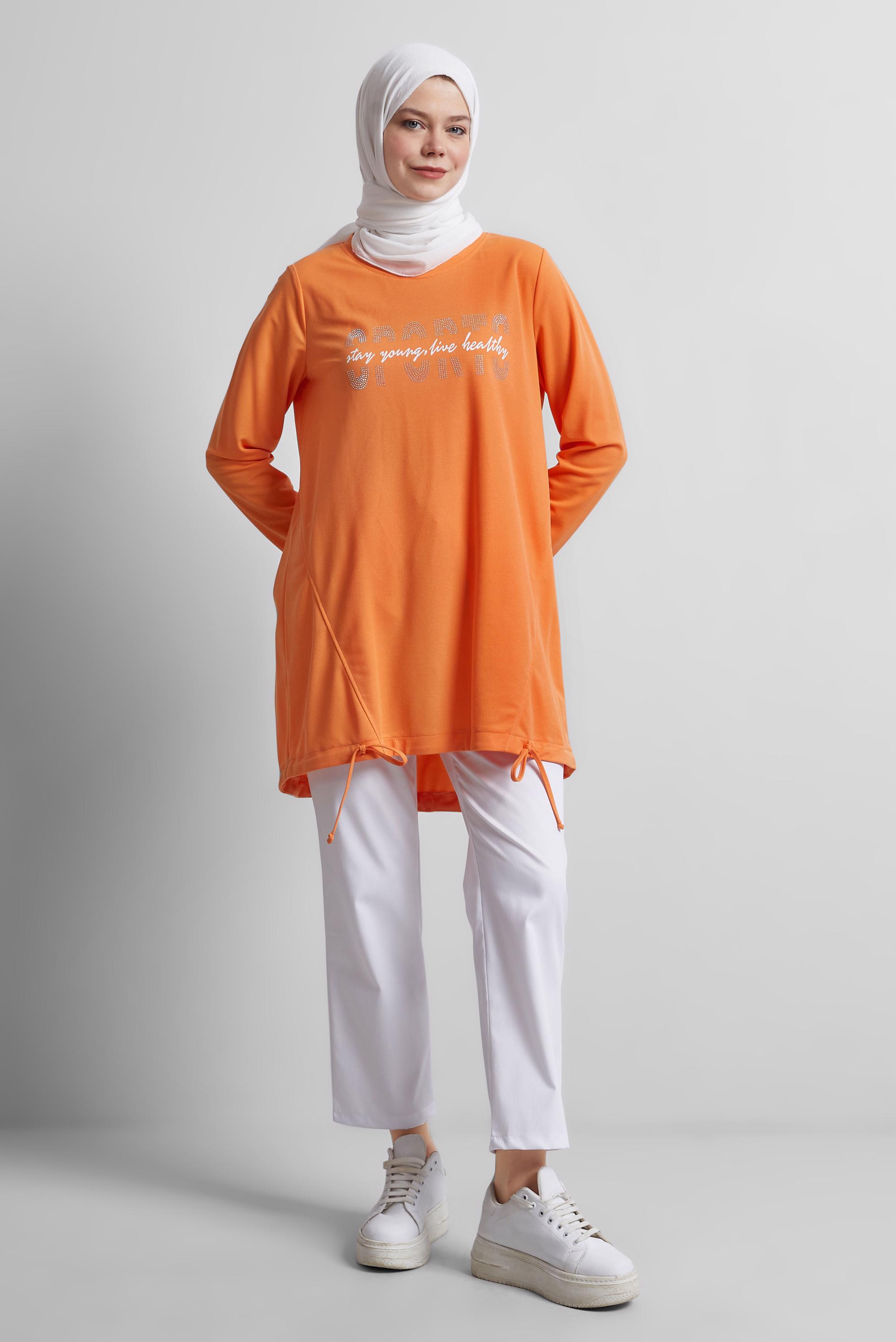 Tesettür giyim TURUNCU BASKILI EŞOFMAN TUNİK 44765