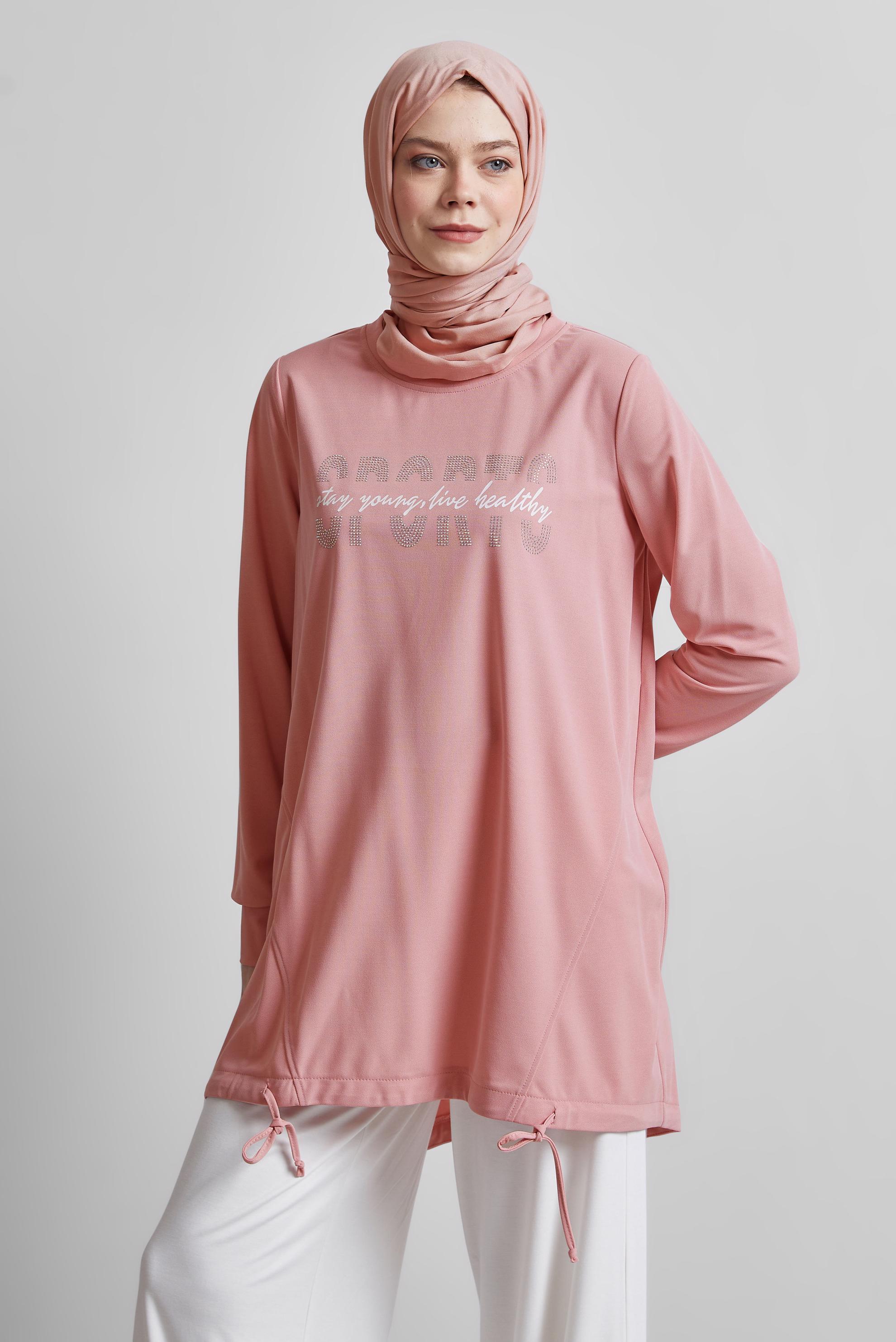 Tesettür giyim PUDRA BASKILI EŞOFMAN TUNİK 44765
