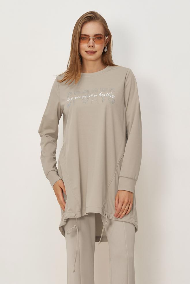 Vêtements hijab BEIGE TUNIQUE DE SURVÊTEMENT IMPRIMÉE 44765 - ALVİNA