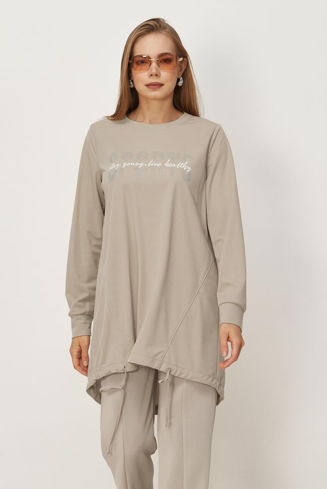 Vêtements hijab BEIGE TUNIQUE DE SURVÊTEMENT IMPRIMÉE 44765 - ALVİNA
